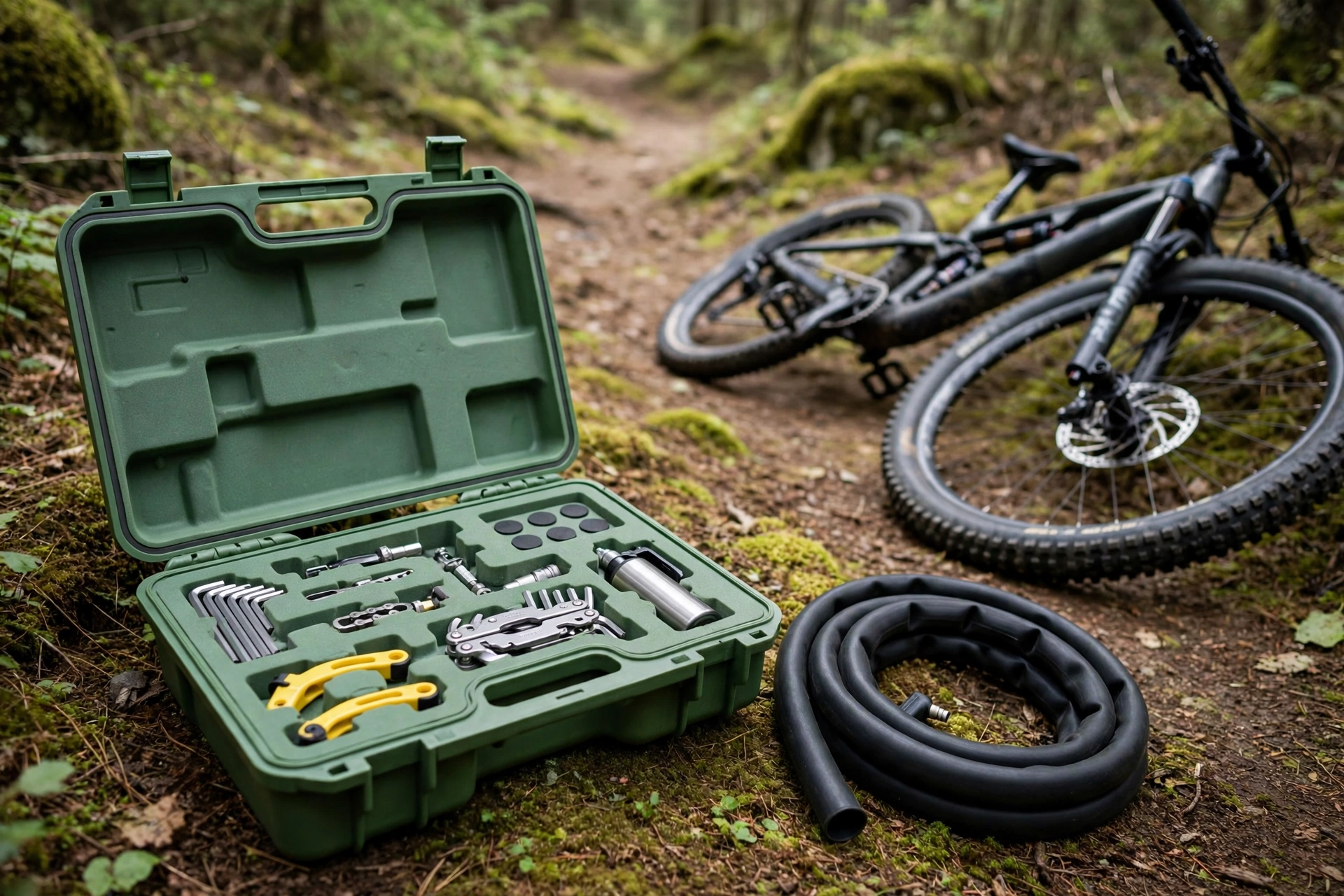 Green EVA cycling repair case open with tools beside a mountain bike