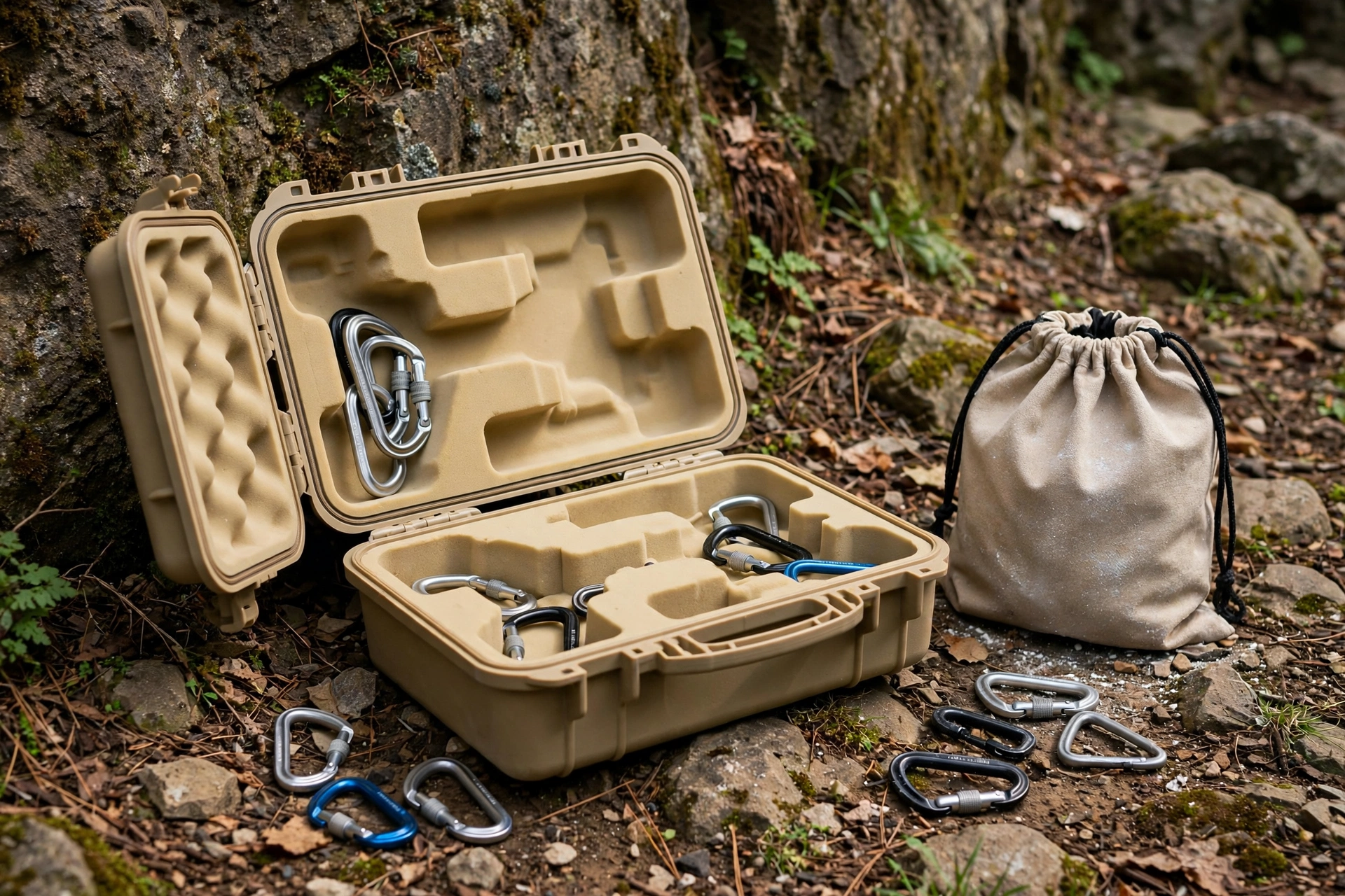 Tan EVA climbing gear case open with carabiners at a cliff base