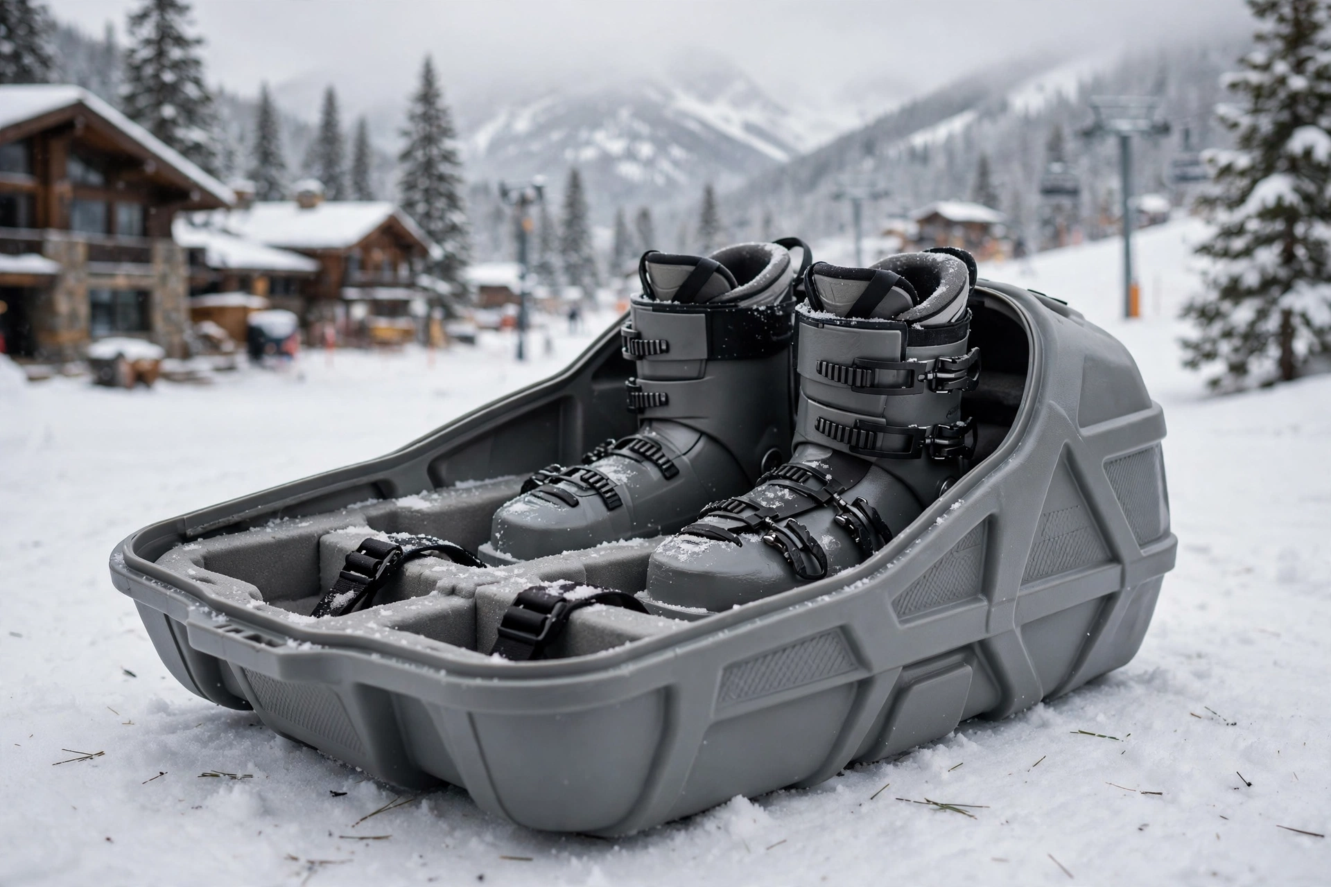 Gray EVA ski boot bag with boots inside at a snowy resort