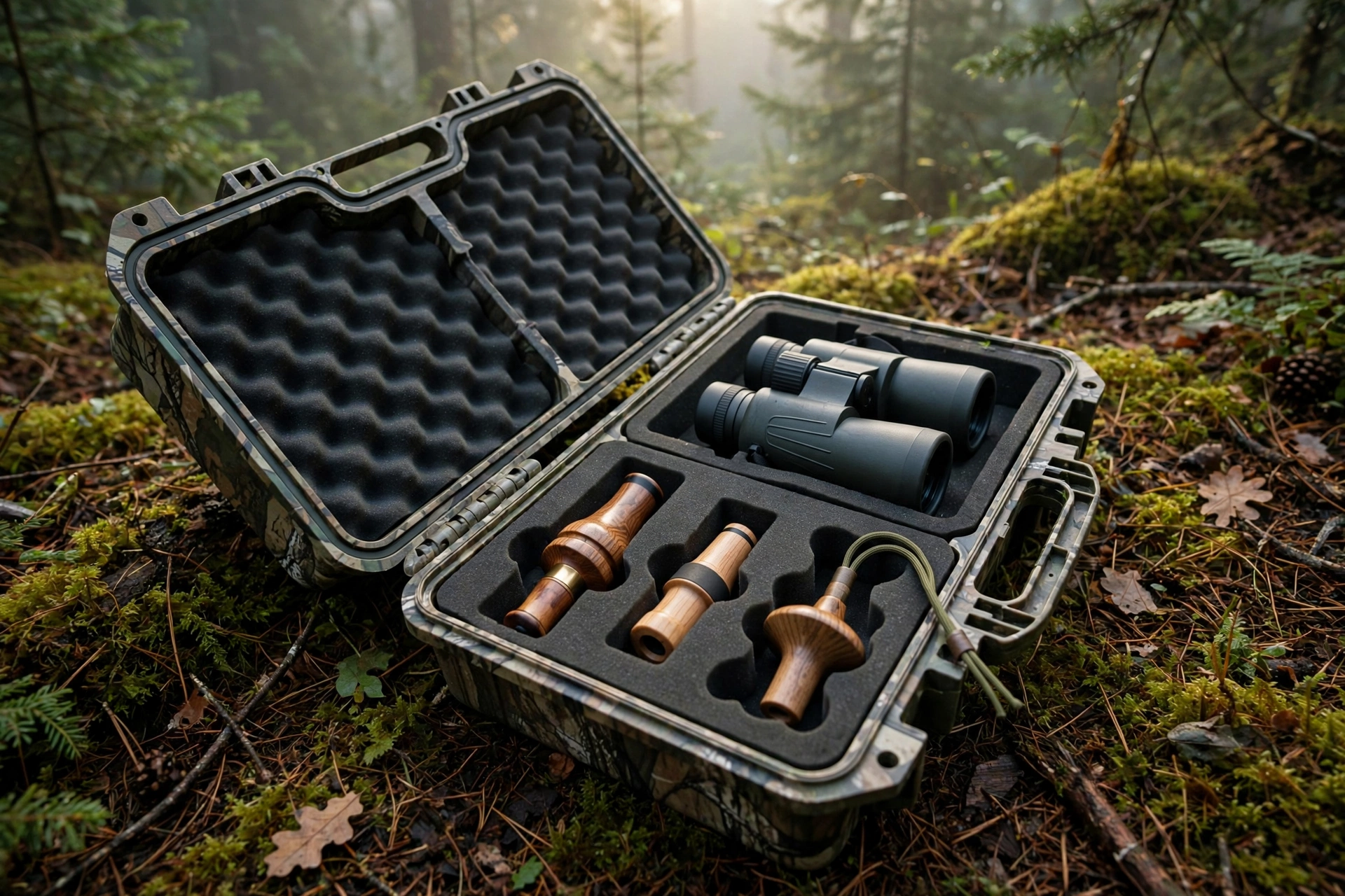 Camo EVA hunting gear case open with binoculars in a forest