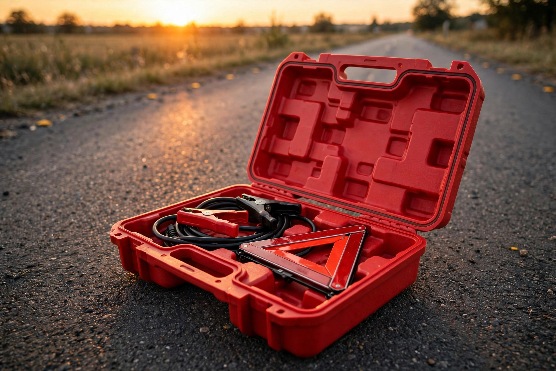 Red EVA emergency roadside kit case open with jumper cables at sunset
