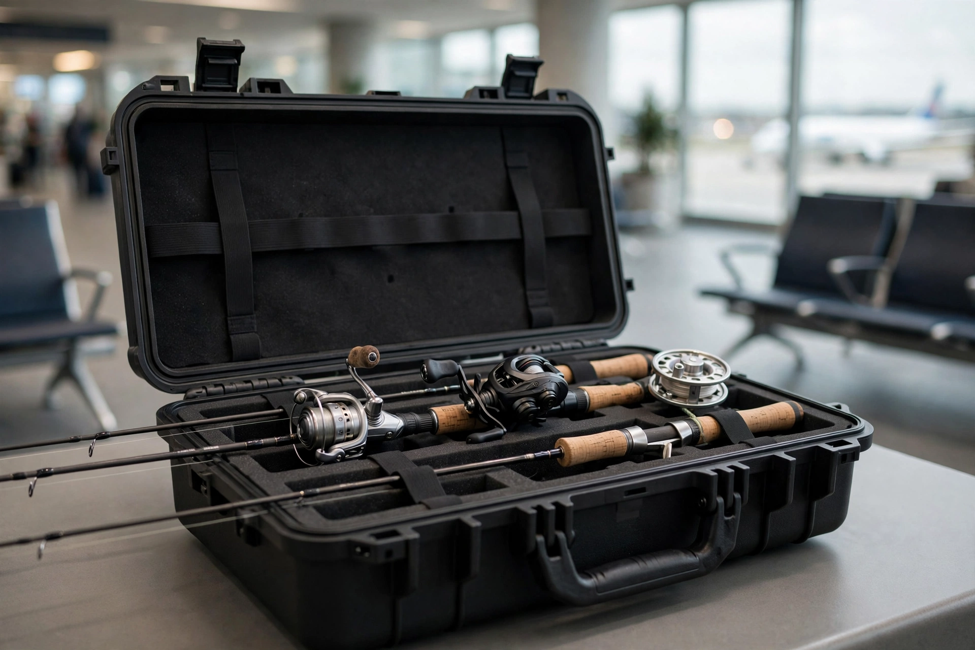 Black EVA multi-rod travel case with three rods secured at an airport