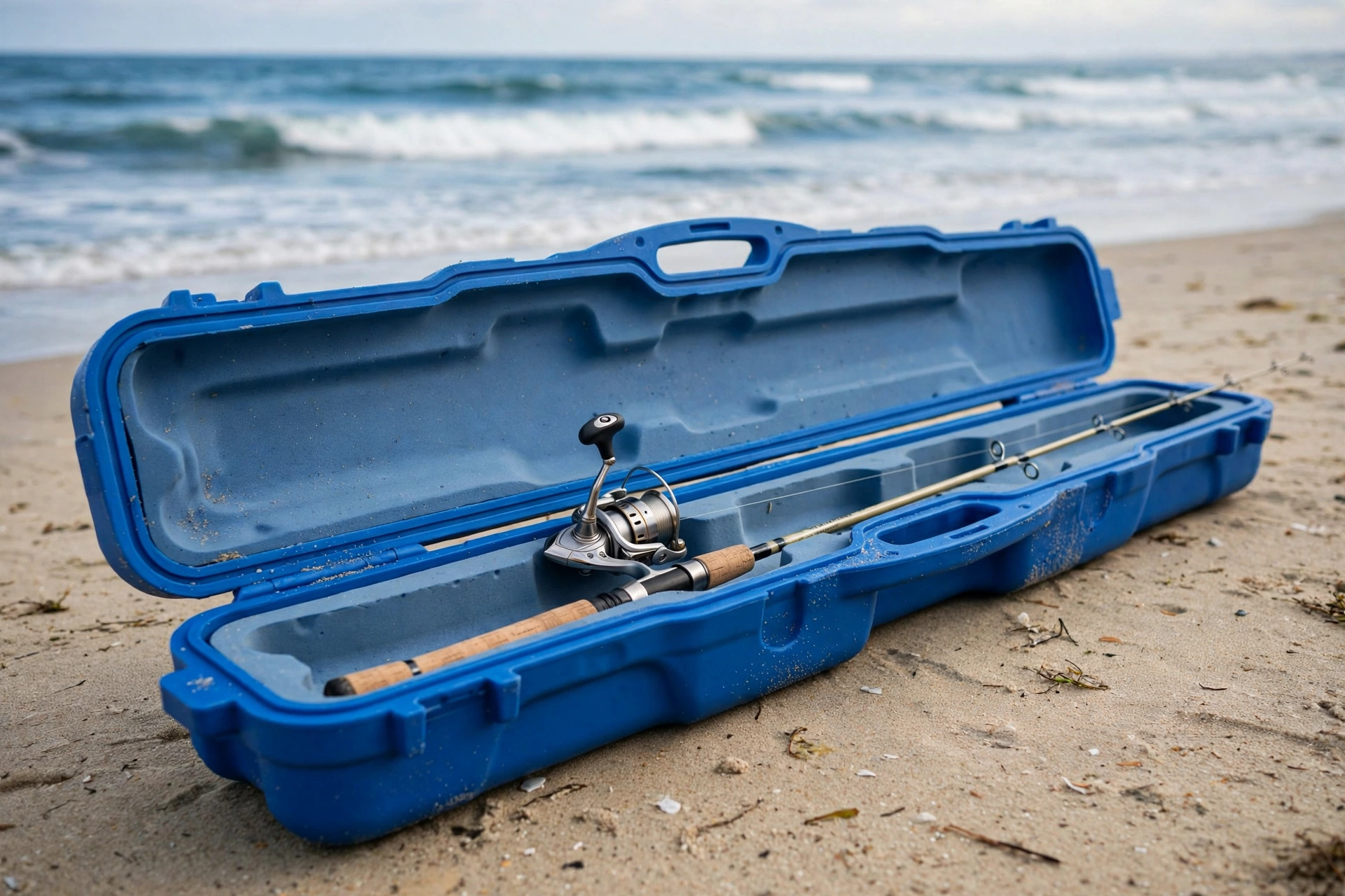 Blue EVA surf rod case with a surf casting rod on the beach