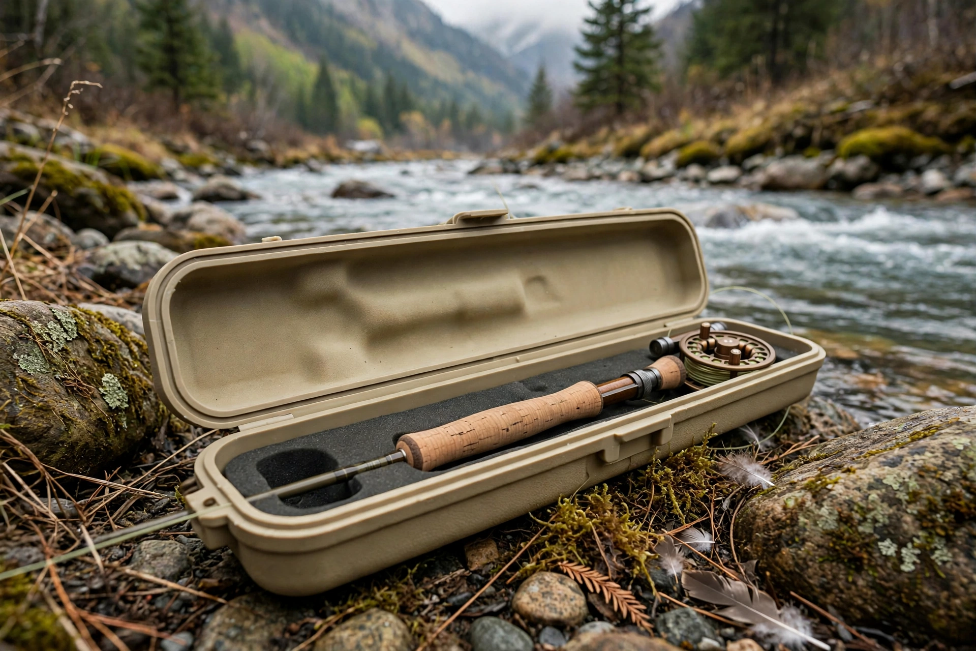 Tan EVA fly rod tube case with a fly rod by a mountain river