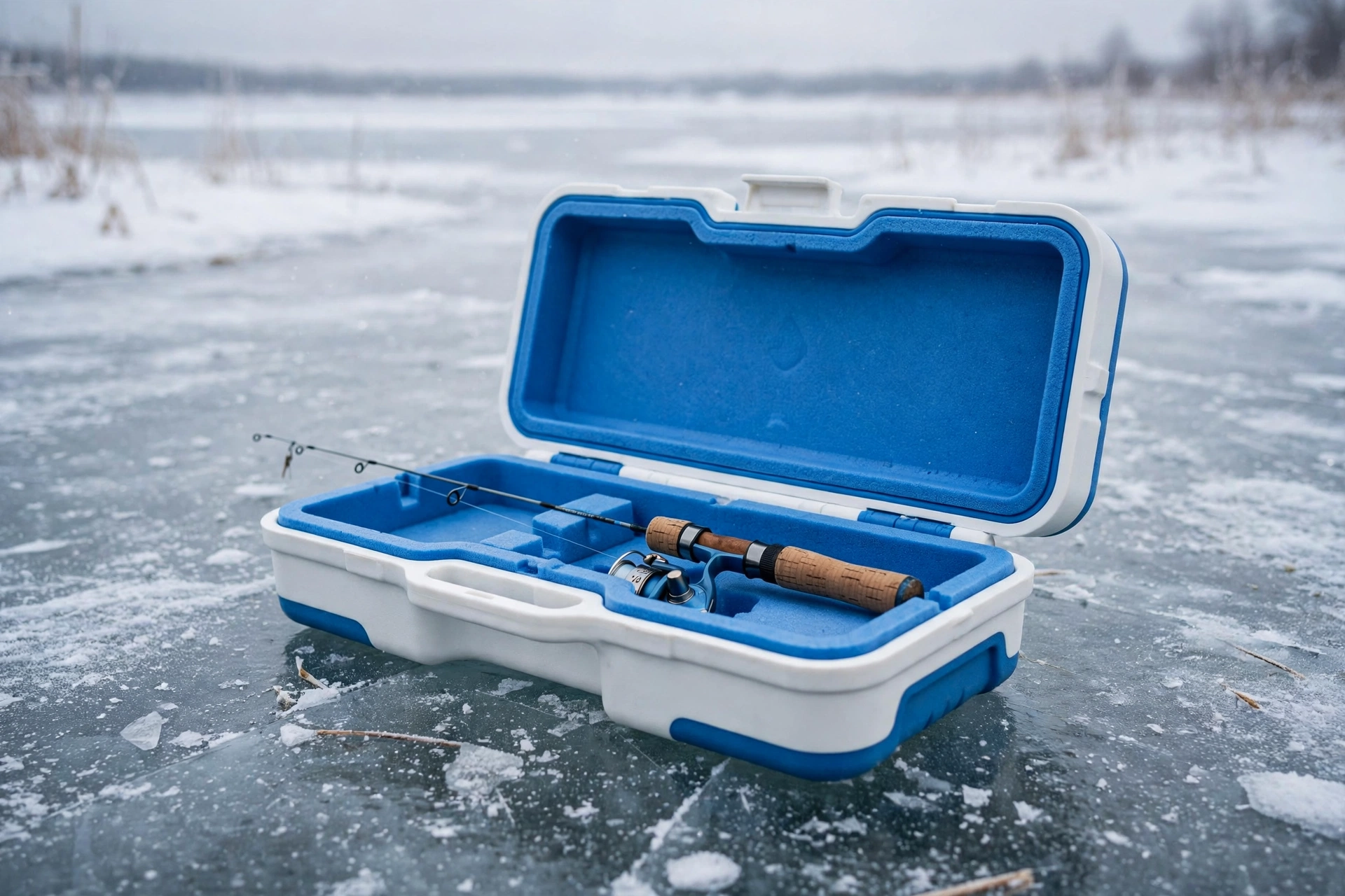White and blue EVA ice rod case with a short ice rod on a frozen lake