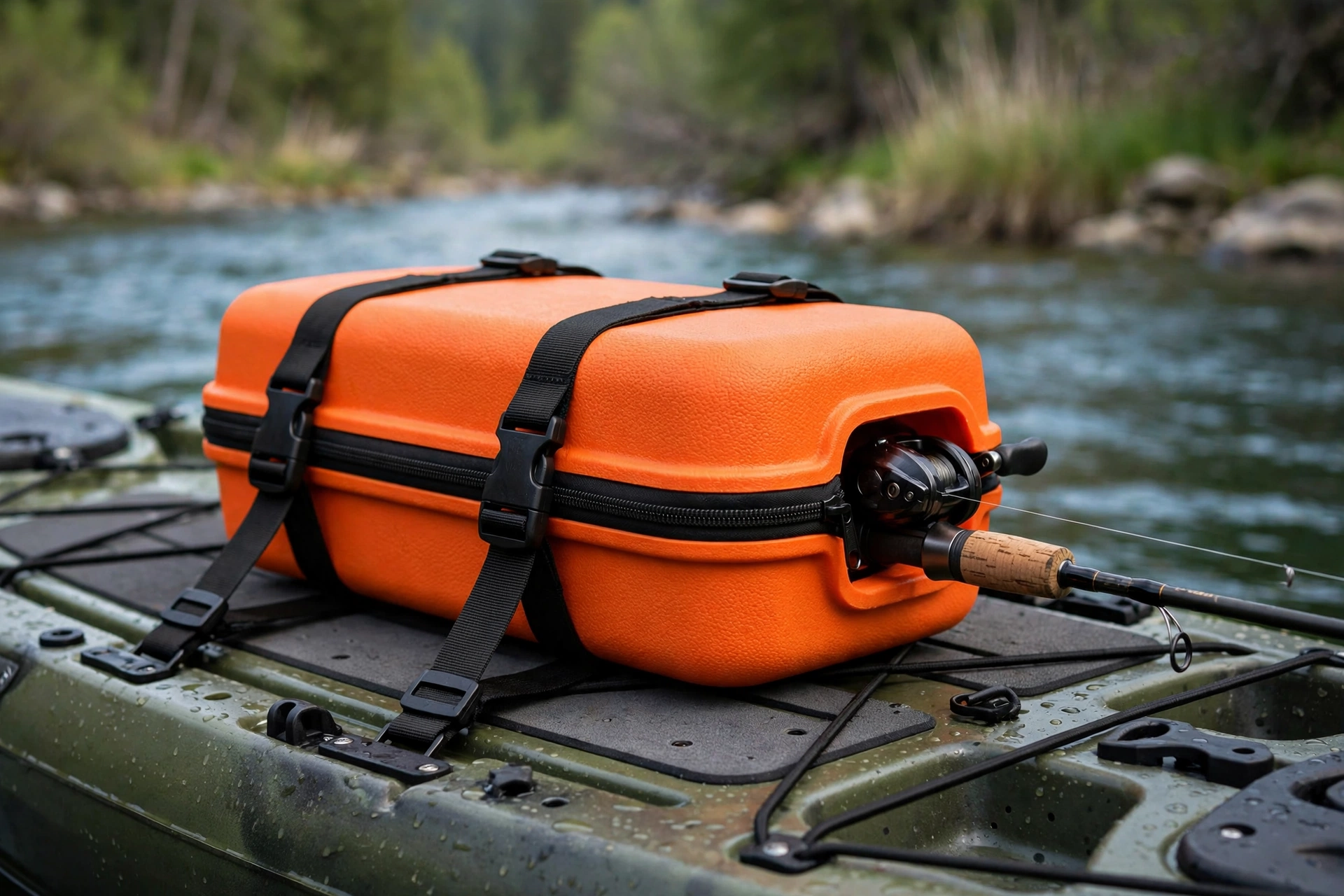 Orange EVA kayak rod case strapped to a kayak deck