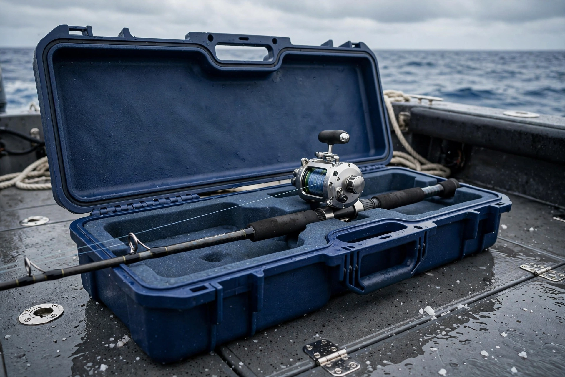 Deep blue EVA offshore boat rod case with a heavy saltwater rod
