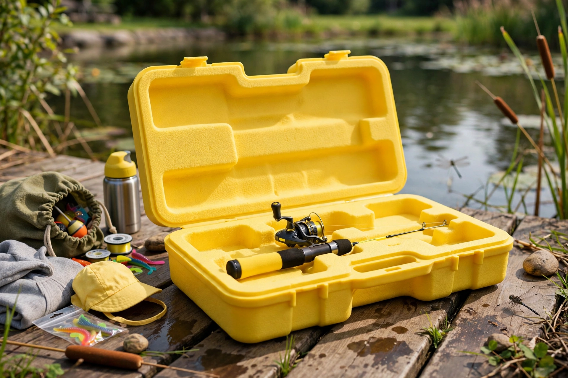 Yellow EVA kids rod case with a small spinning rod at a pond