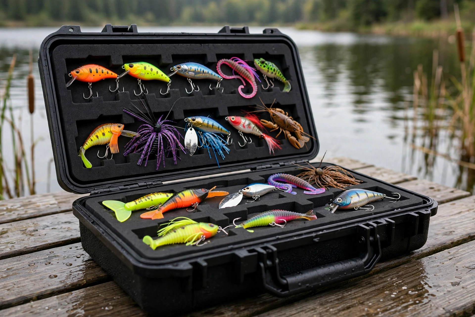 Black EVA tackle case with lures in individual slots on a lake dock