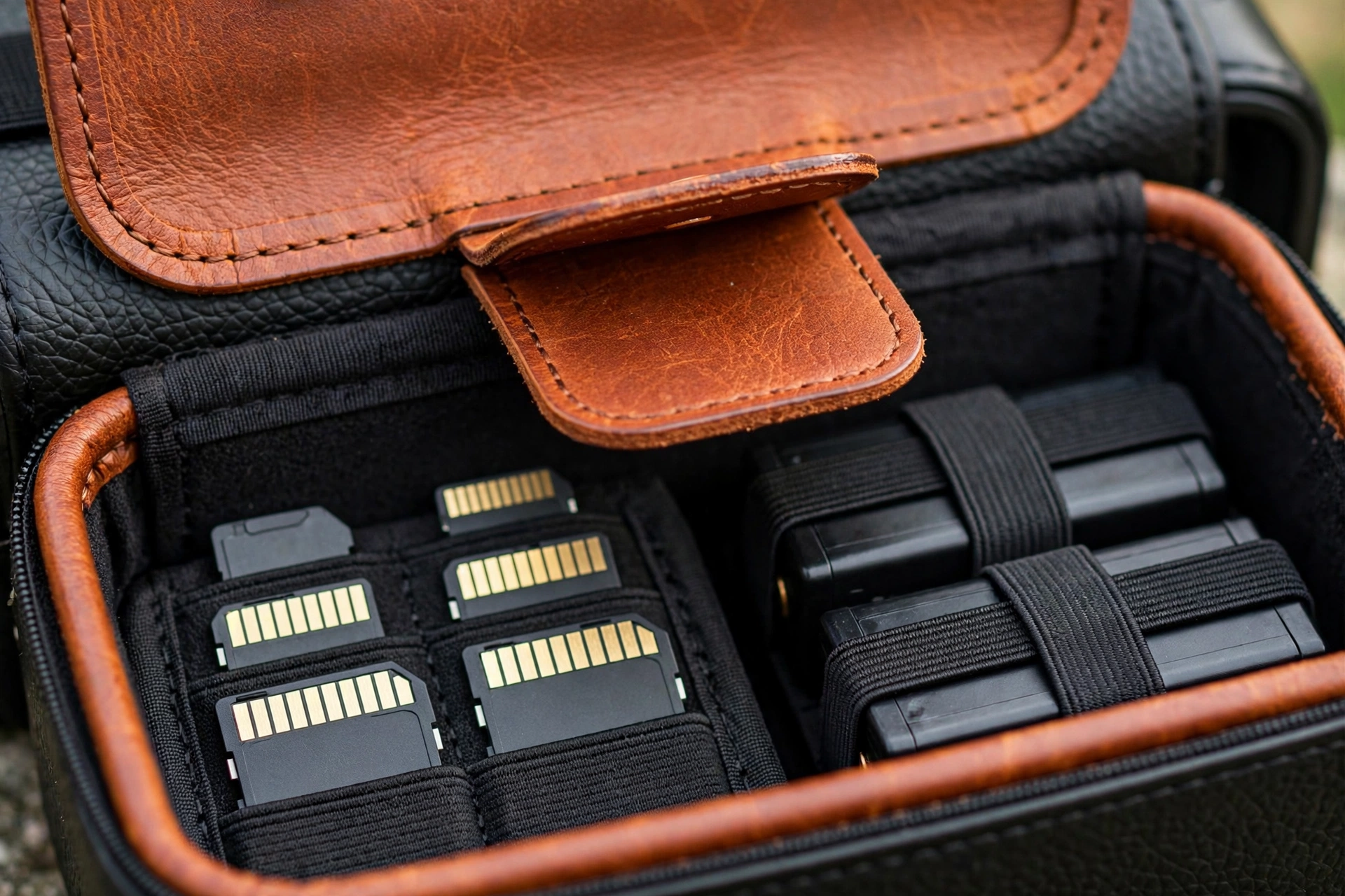 Magnetic quick-access flap open showing memory cards and batteries
