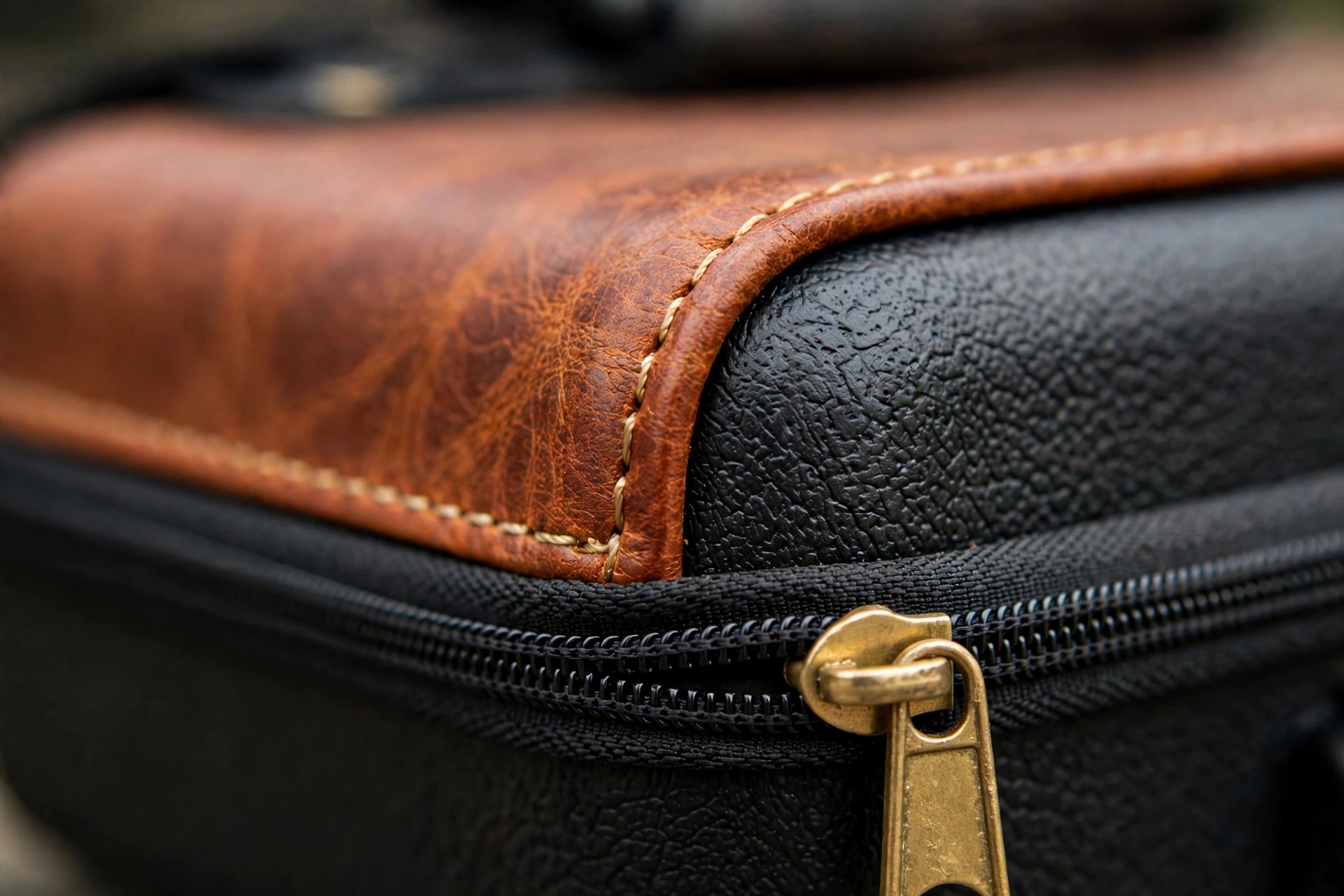 Close-up of cognac leather trim with contrast stitching on EVA camera case