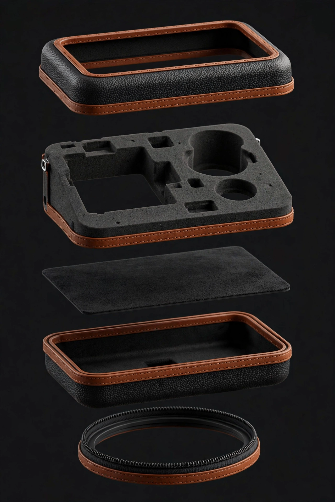 Exploded view of the EVA camera kit case showing separated layers: lid, die-cut foam insert with lens cavities, microfiber lining, bottom shell and zipper