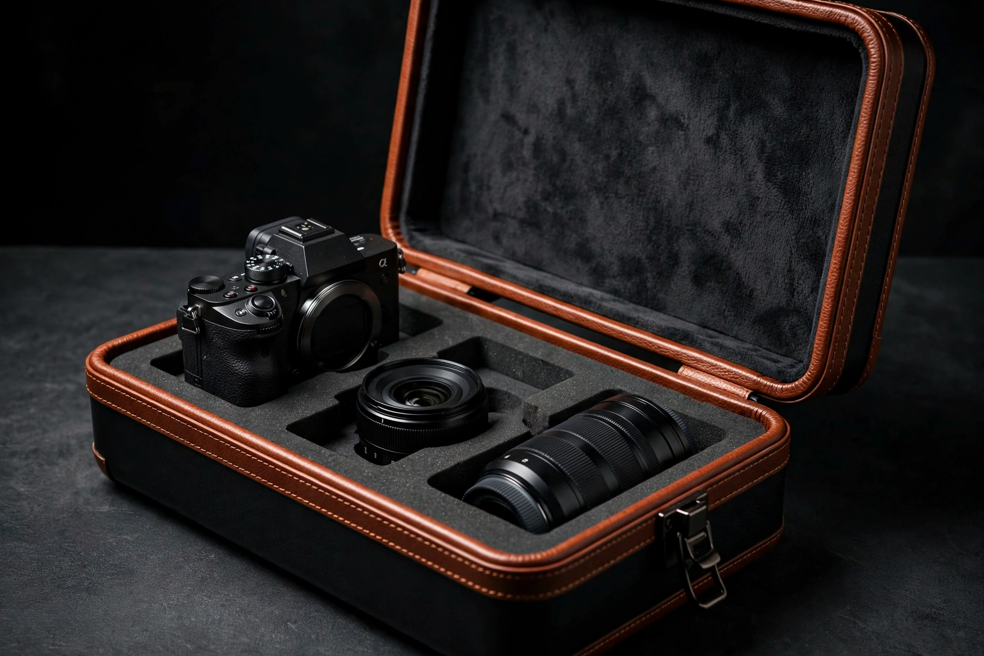Mirrorless camera kit in EVA case with leather trim