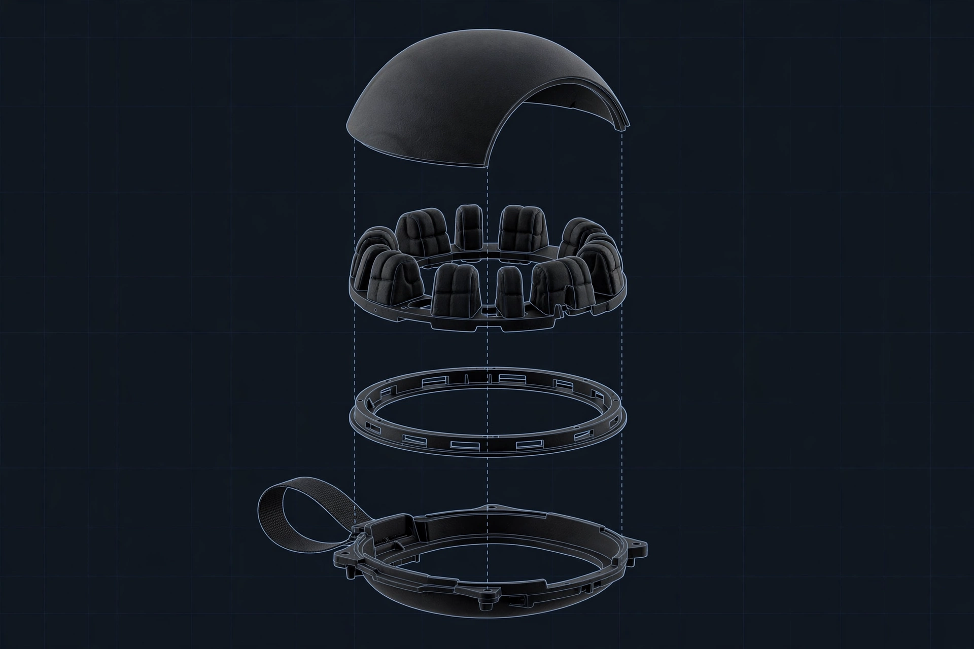 Exploded view of the black molded EVA cap carrier showing separated layers: dome shell, inner cradle insert, ventilation ring, base shell with strap