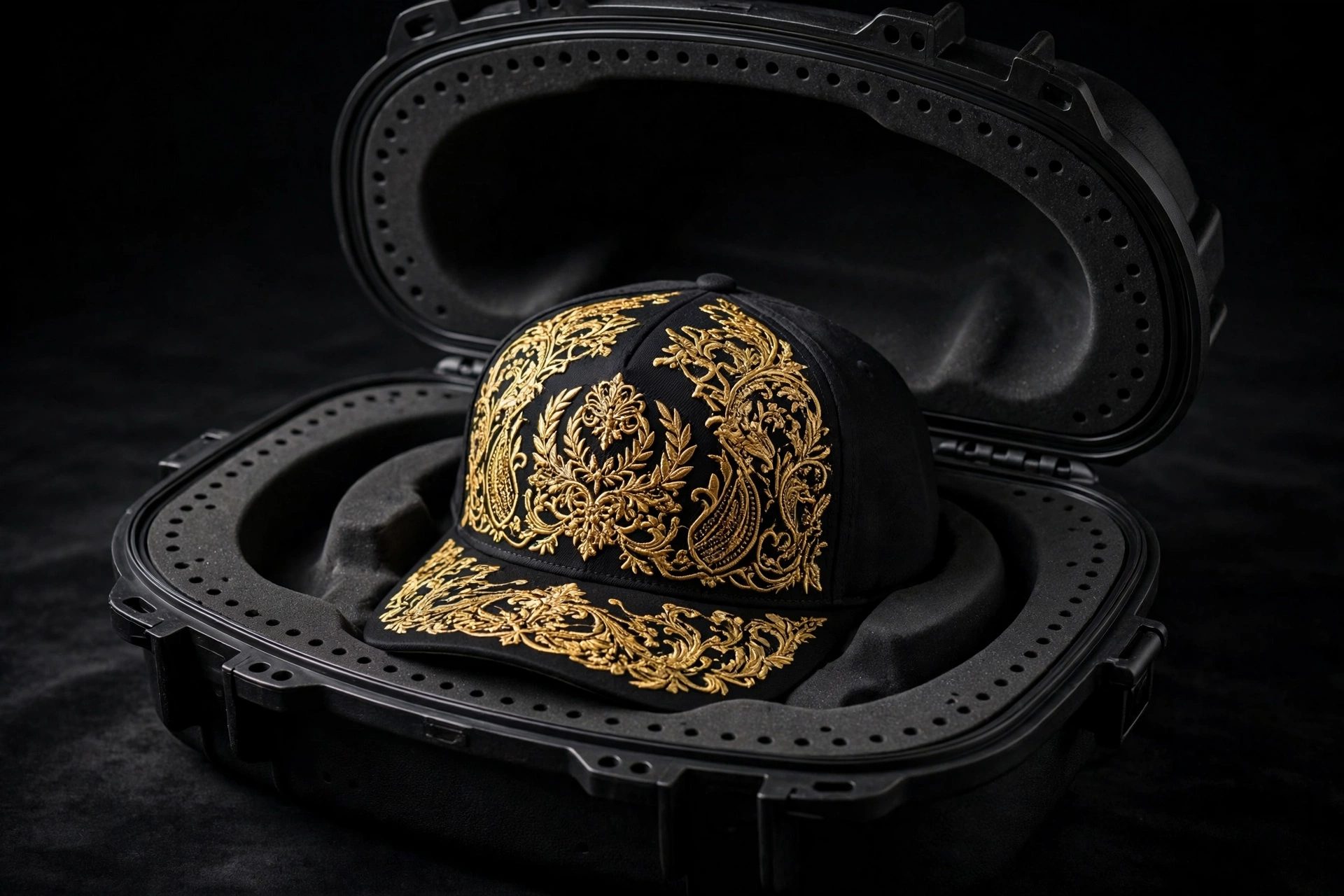 Black molded EVA cap carrier with a baseball cap in the dome cradle
