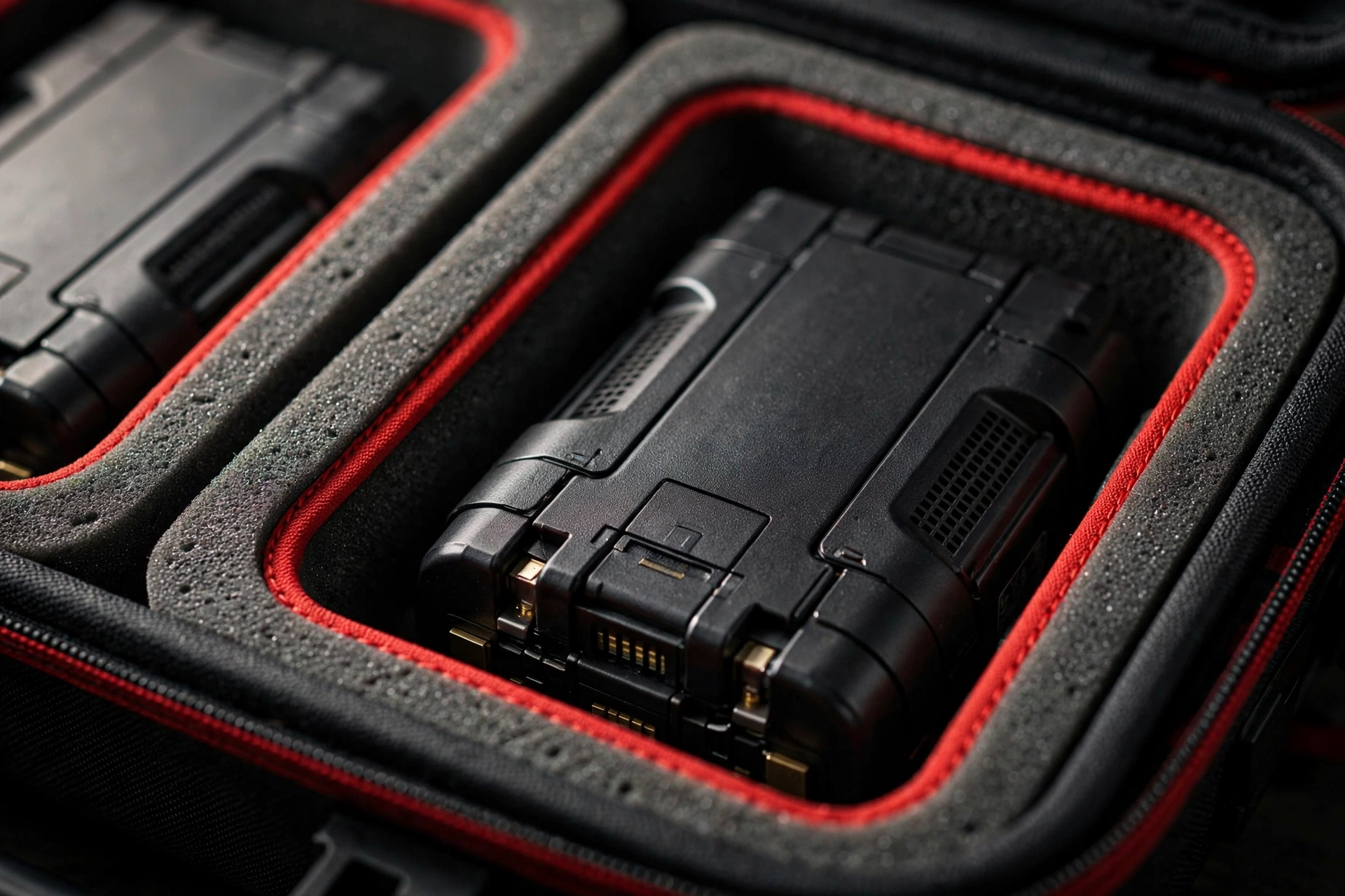 Drone battery slotted into an individual fire-resistant compartment with red trim inside the EVA case