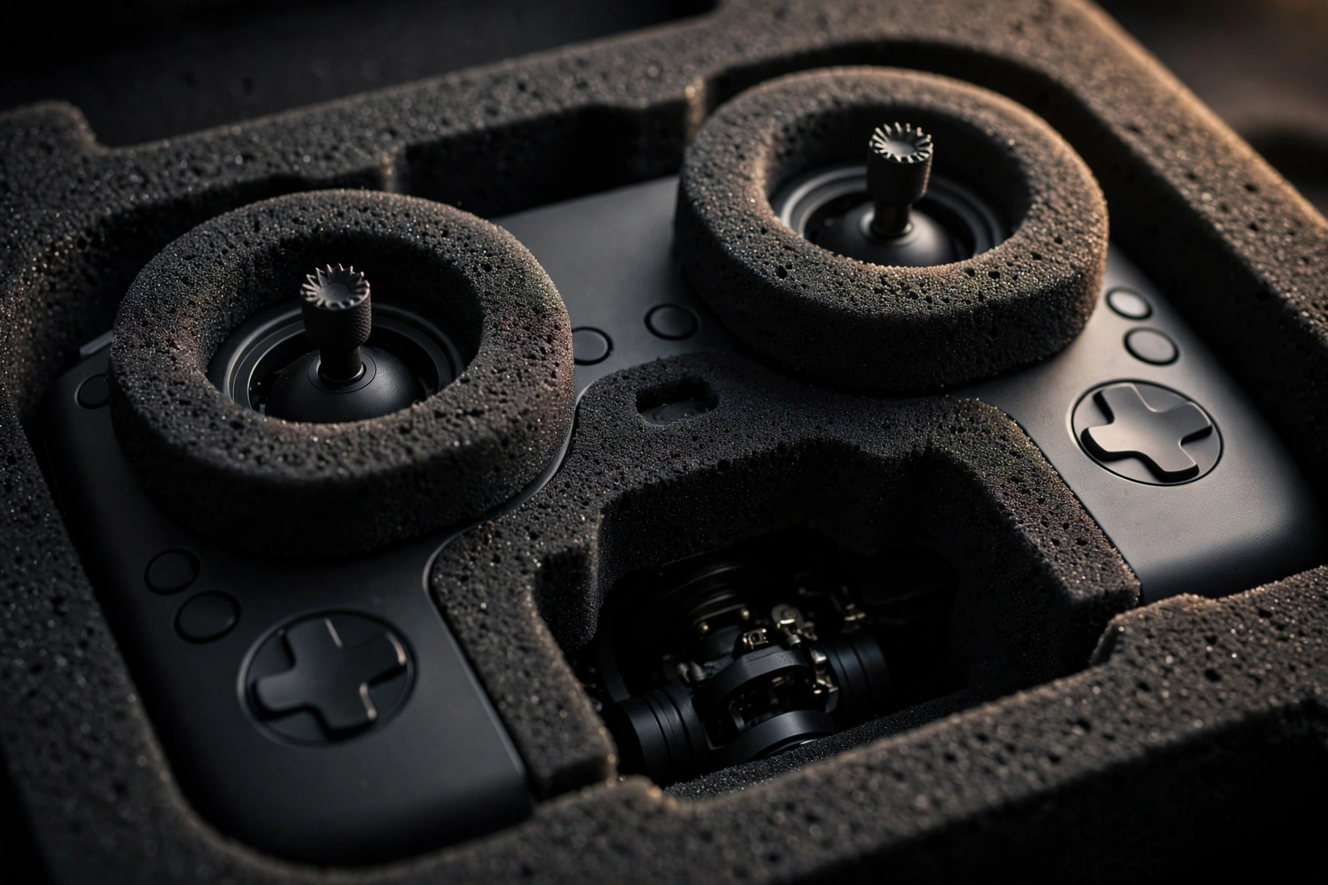 Drone controller nested in die-cut EVA with raised foam stick guards protecting the control sticks