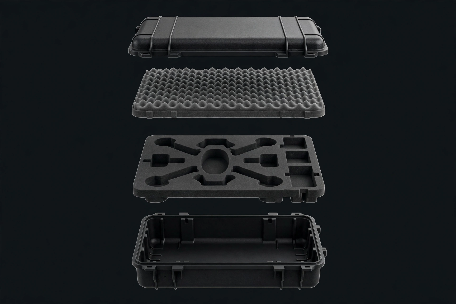 Exploded view of the black EVA drone case showing separated layers: hard-shell lid, egg-crate press foam, die-cut cavity tray, base shell