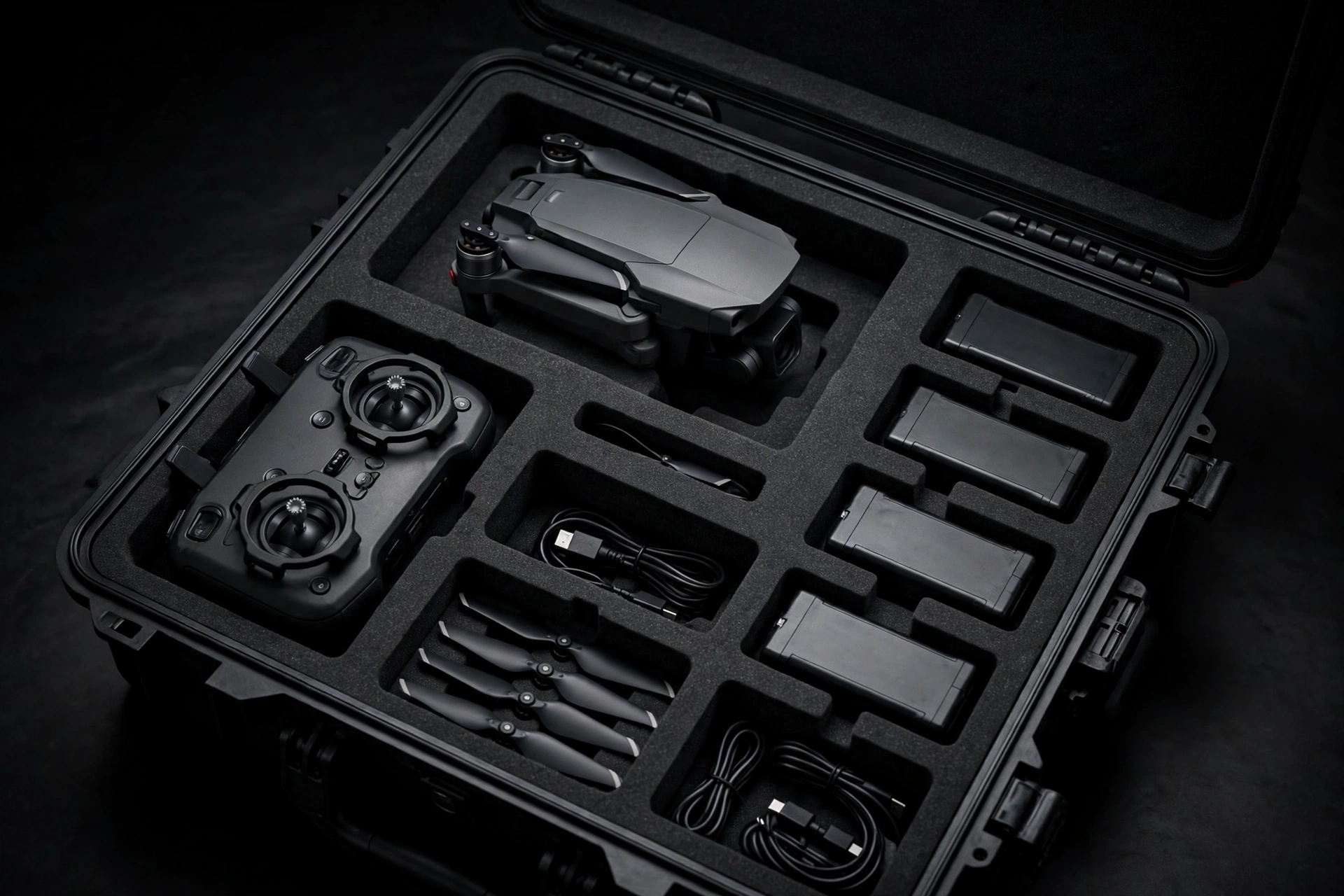 Black EVA hard-shell drone case with die-cut foam holding a folded camera drone and controller