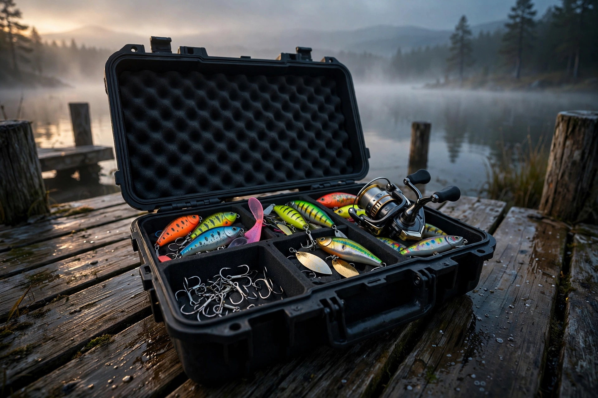 Molded EVA fishing tackle case on a lake dock at dawn with lures and reel