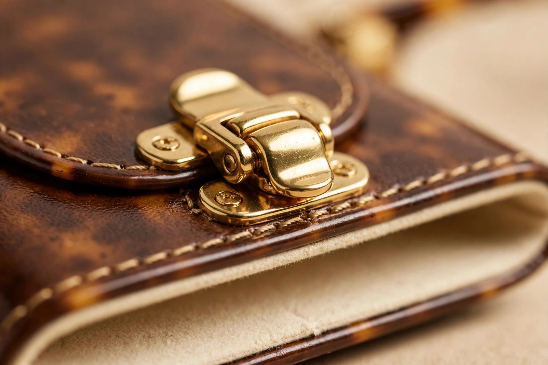 Polished brass clasp on the tri-fold tortoise EVA glasses case