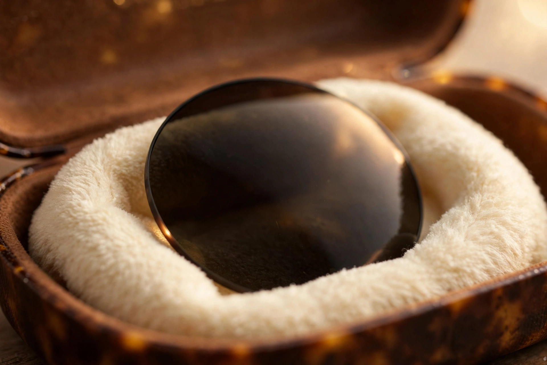 Pristine sunglasses lens resting in a cream microfiber cradle, touching only soft lining