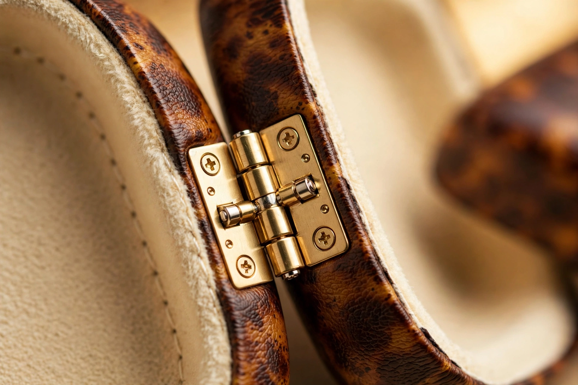 Polished brass hinge joining two panels of the tri-fold tortoise EVA glasses case