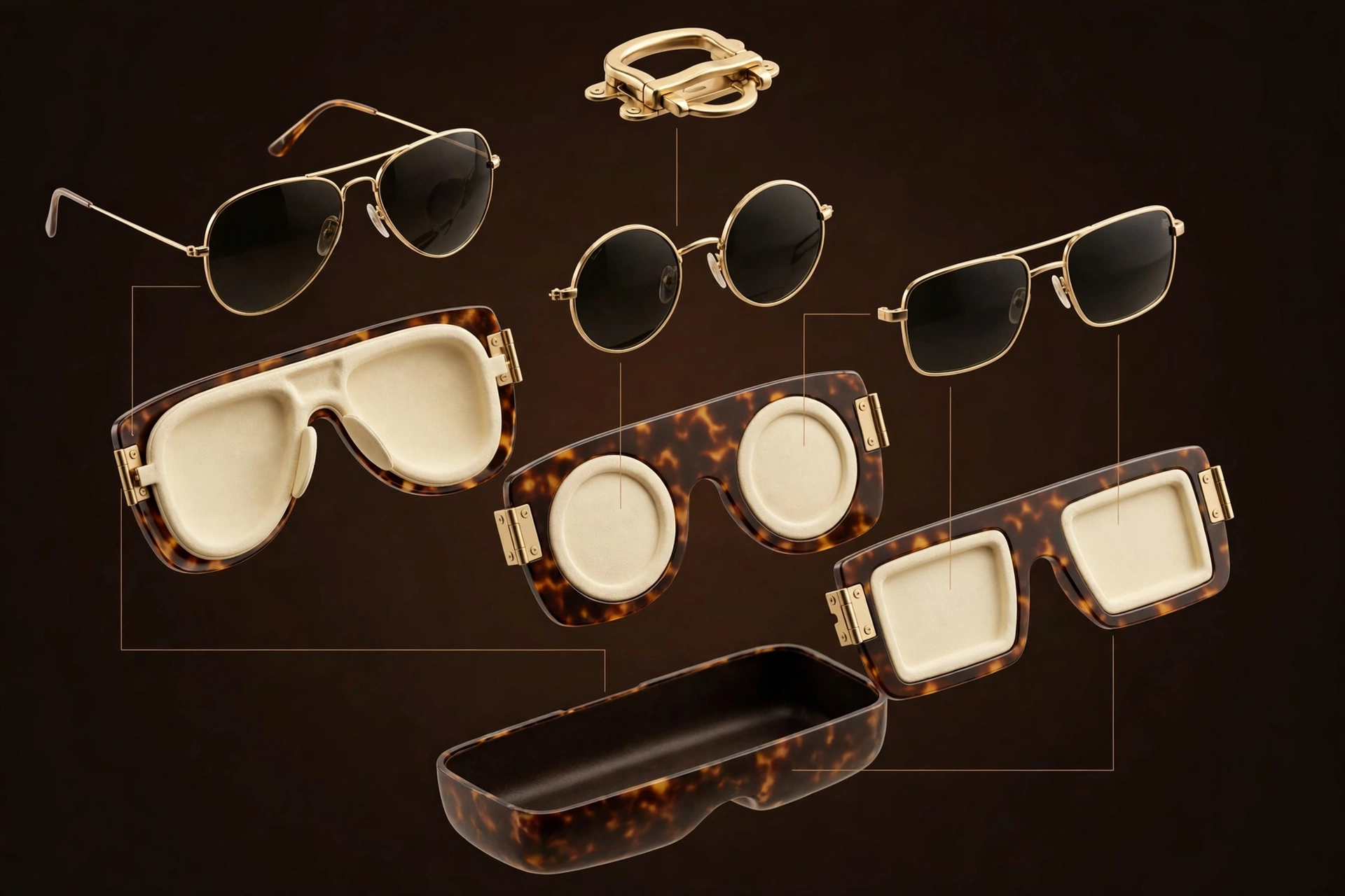 Exploded view of the tri-fold EVA glasses display case showing separated layers: brass clasp, three sunglasses, three tortoise panels with brass hinges, microfiber cradle inserts and base shell
