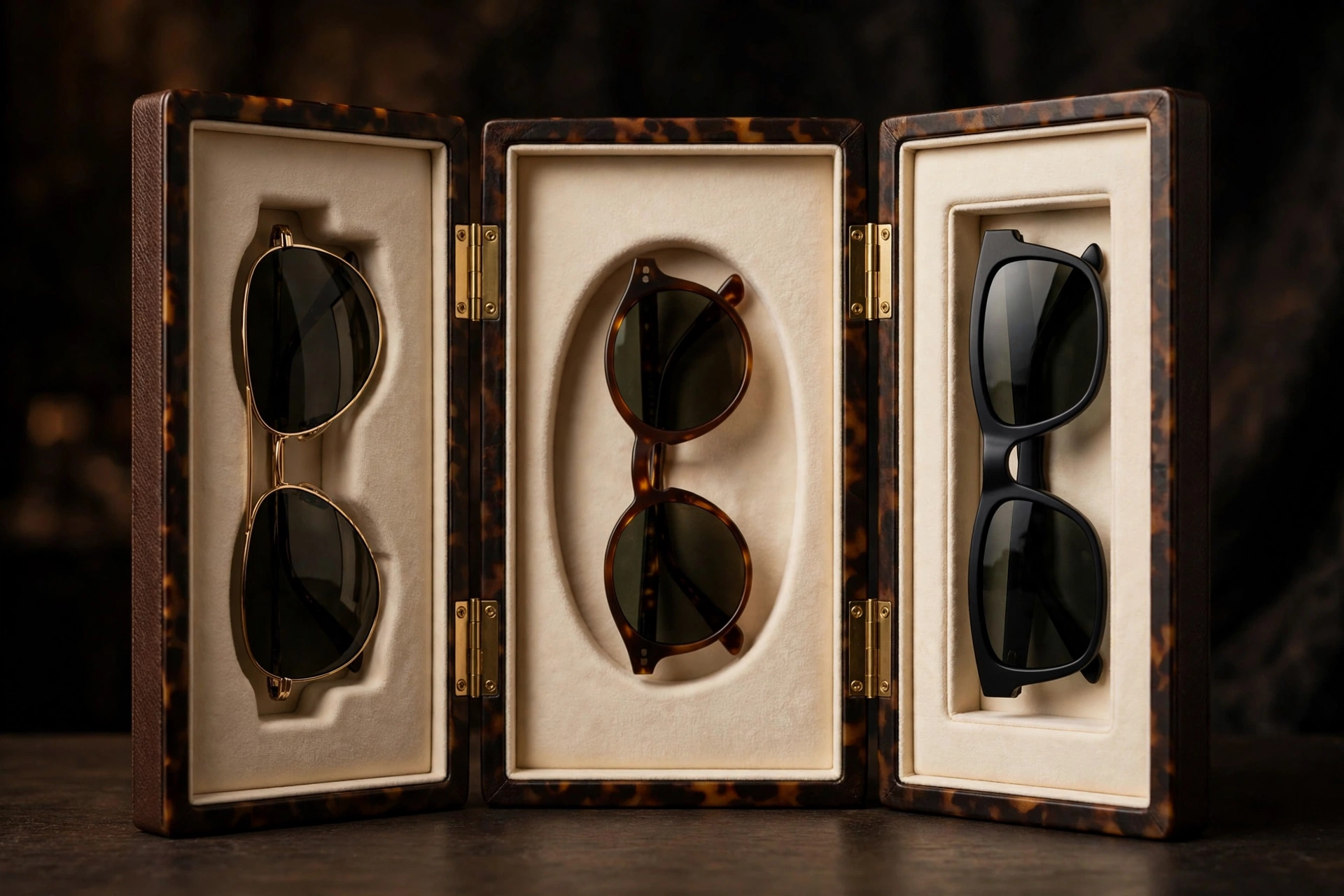 Tri-fold tortoise EVA glasses display case with three sunglasses in microfiber cradles