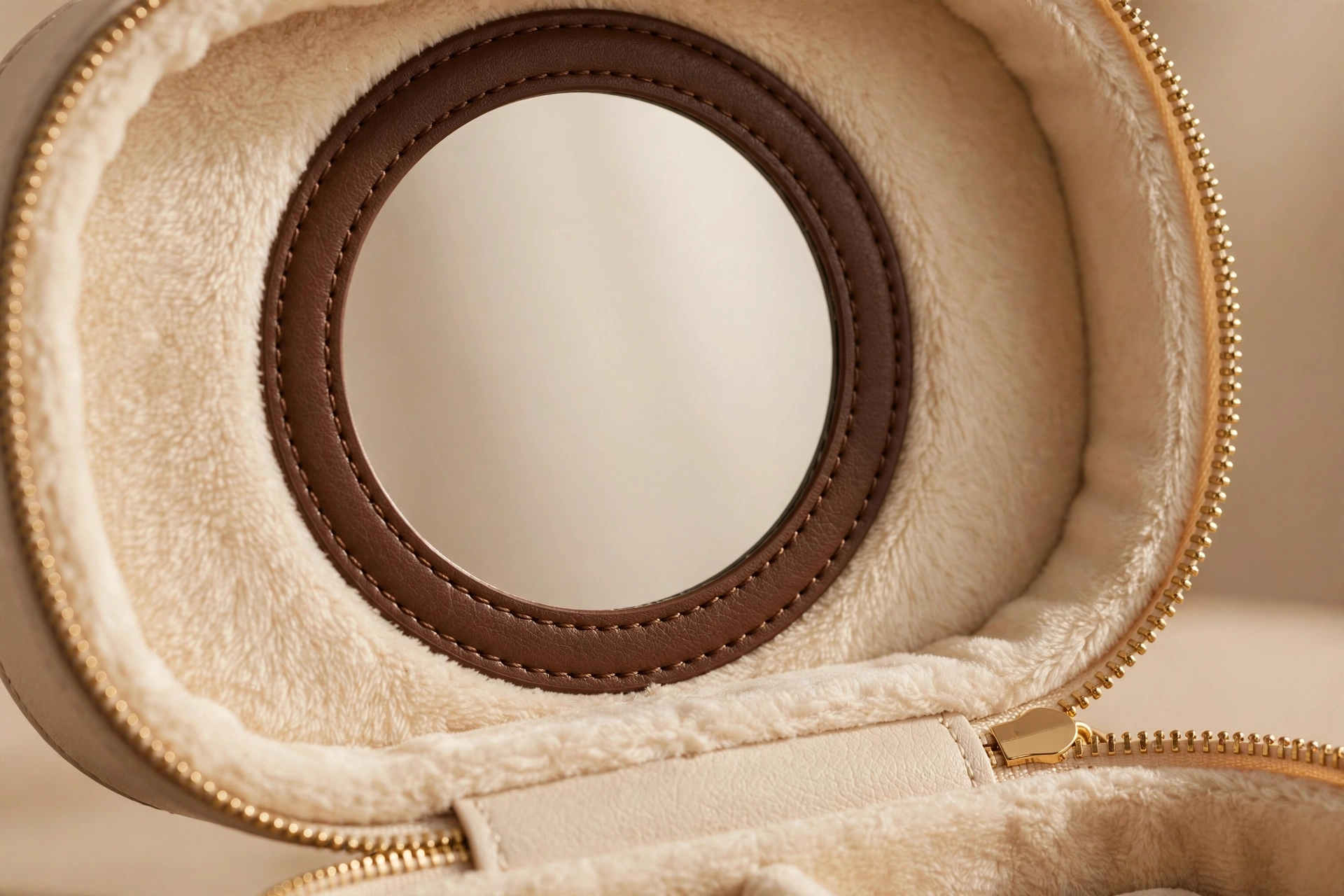 Round vanity mirror set into the lid of the oat-cream EVA makeup case with espresso trim