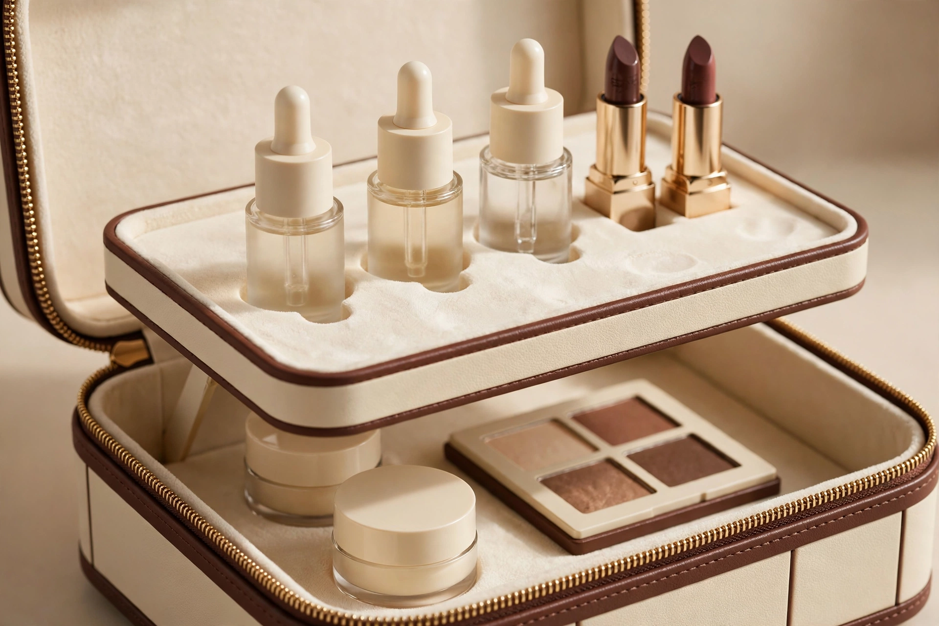 Lift-out tray raised from the two-tier EVA vanity case, serum bottles and lipsticks in die-cut slots above cream jars and palette below