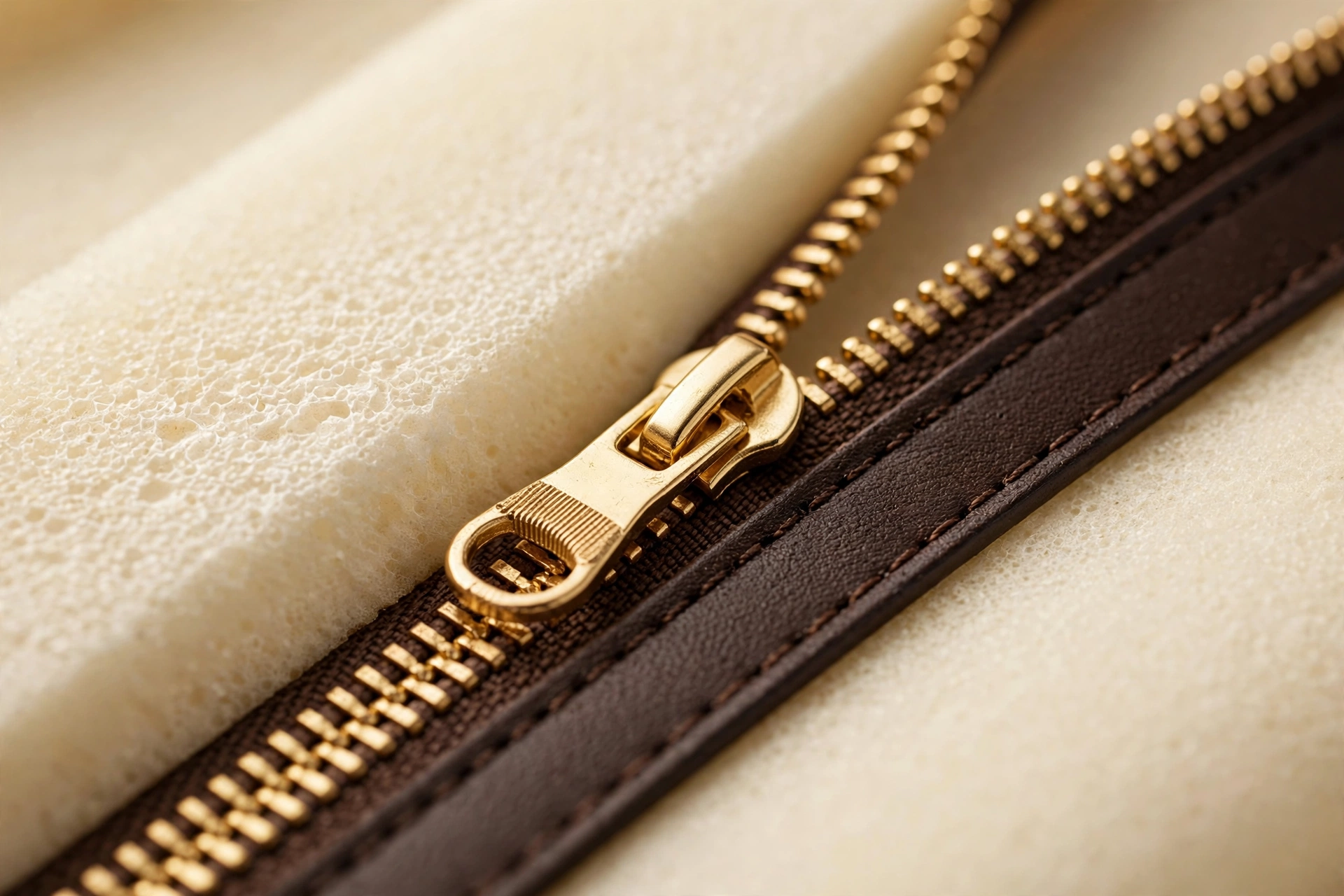 Close-up of champagne-gold metal zipper with fine stitching on oat-cream EVA makeup case