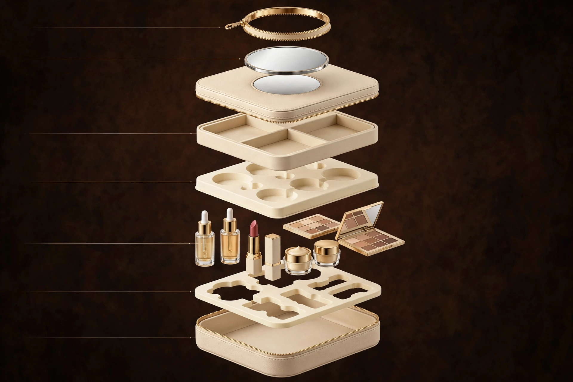 Exploded view of the two-tier EVA vanity makeup case showing separated layers: champagne zipper ring, mirror, lid, lift-out tray, die-cut inserts, eight cosmetic products and bottom shell