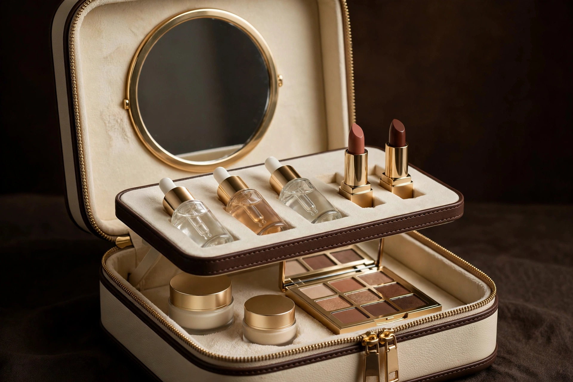Two-tier vanity makeup case in oat-cream and espresso EVA with champagne-gold zippers
