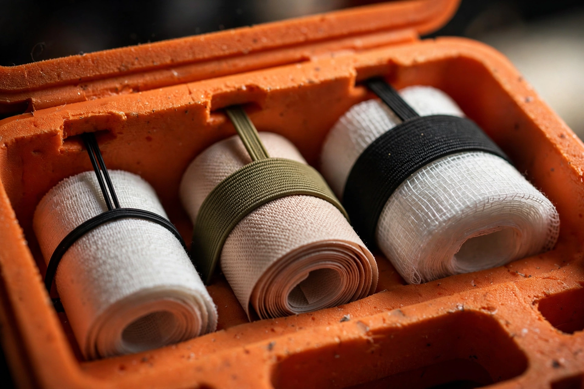 Elastic loops in different widths holding bandage rolls nested below the rim of the orange EVA first aid case