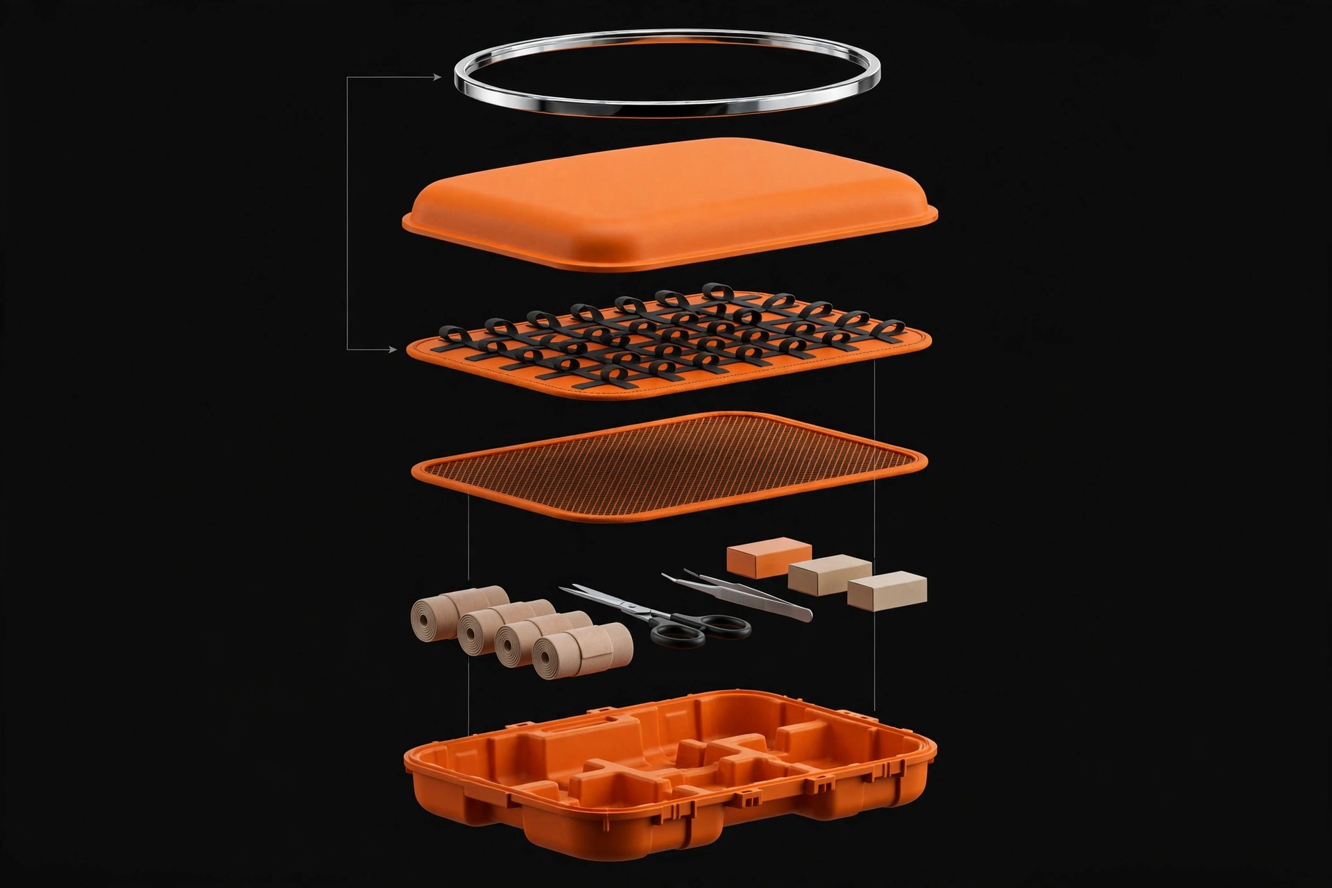Exploded view of the orange EVA first aid workstation showing separated layers: reflective trim ring, top shell, elastic loop panel, mesh pocket panel, supplies, molded base shell