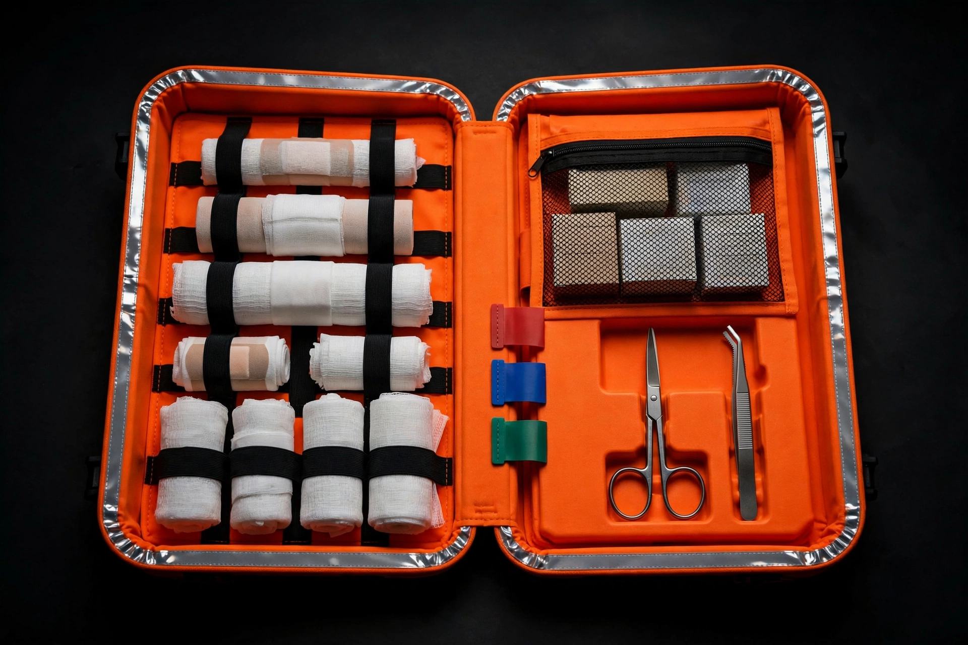 Hi-vis orange EVA first aid case opened flat like a workstation with organized supplies