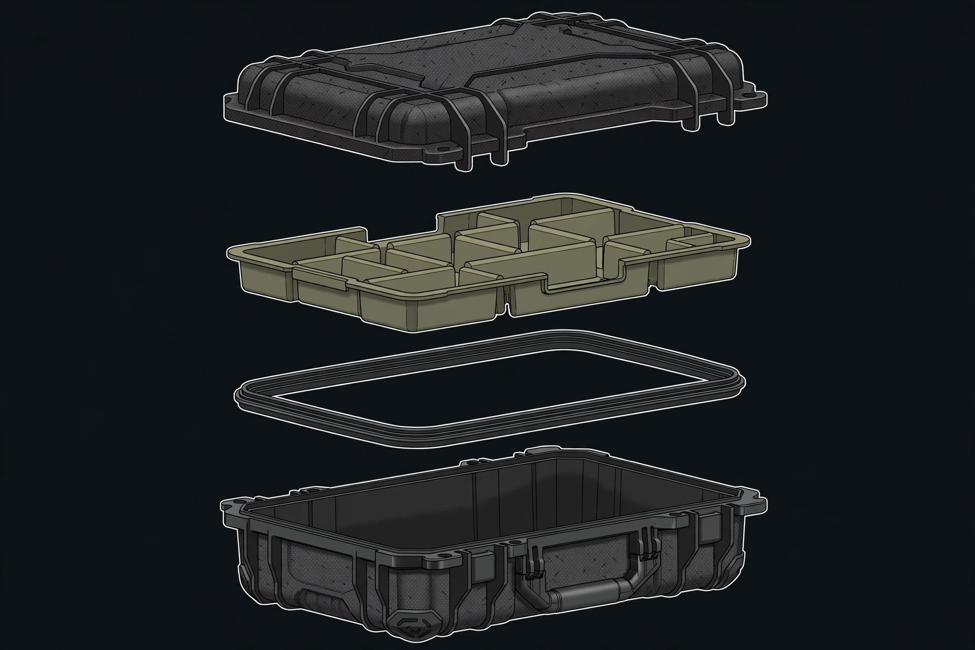 Exploded view of the outdoor gear case showing separated layers: EVA top shell, gear organizer tray, waterproof gasket, armored base shell