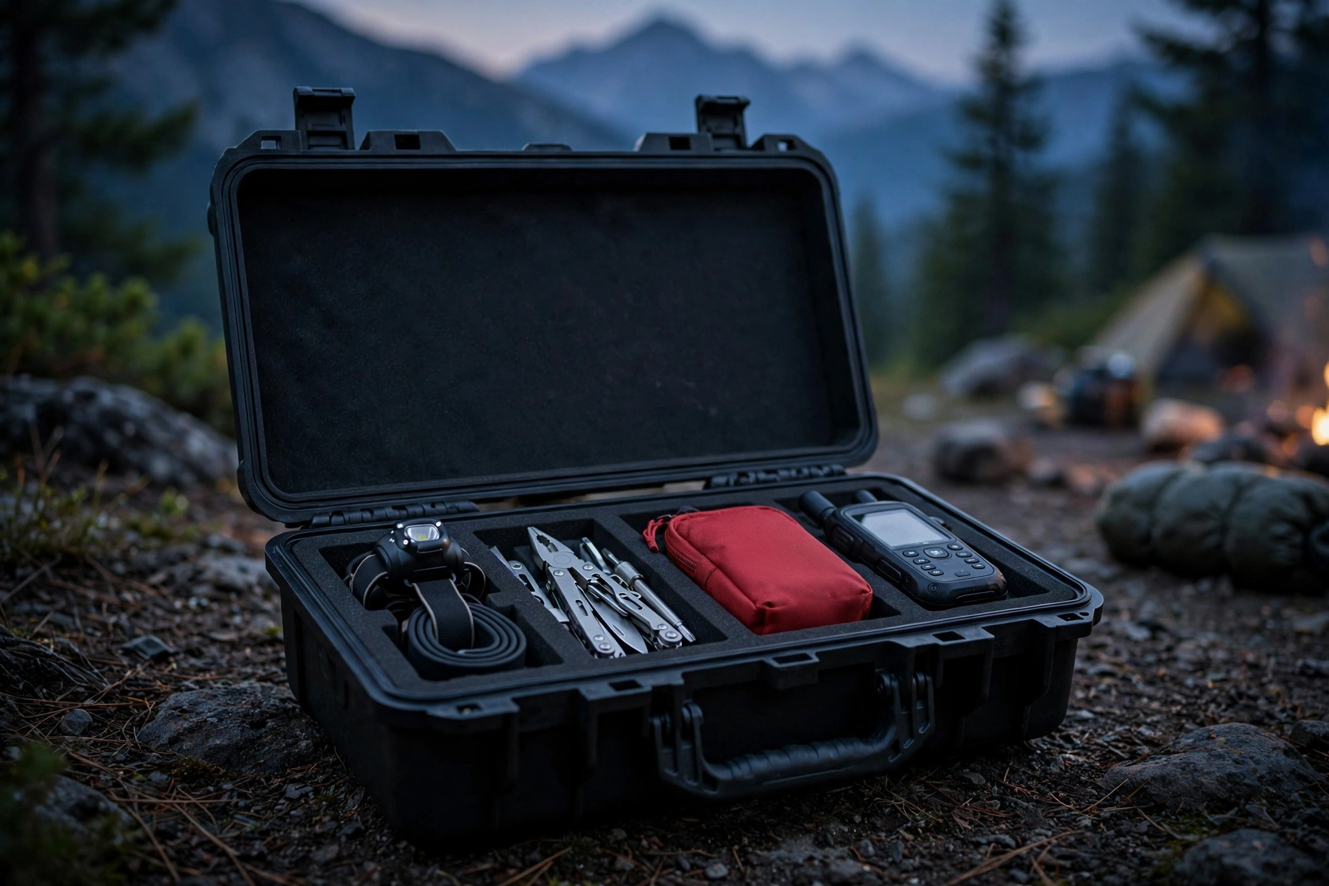 Rugged EVA outdoor gear case at a mountain campsite with organized tools