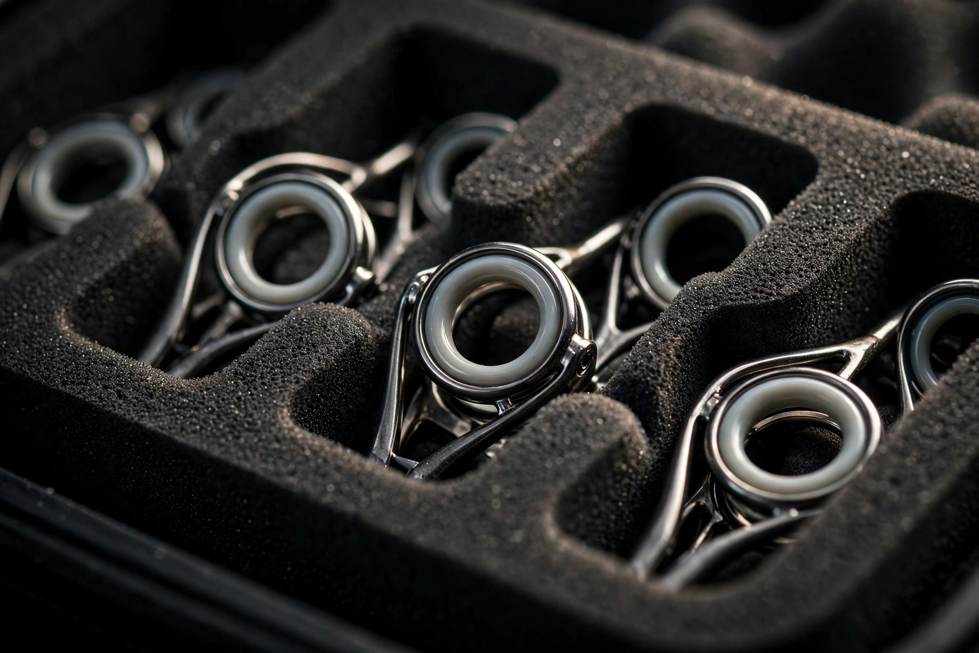 Fishing rod line guides nested in individual molded EVA slots inside the rod case