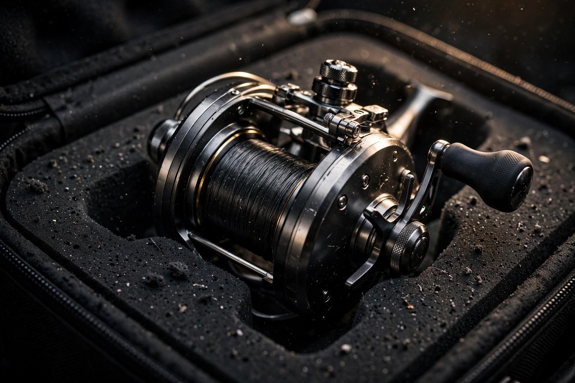 Fishing reel locked in a molded EVA cradle inside the rod case
