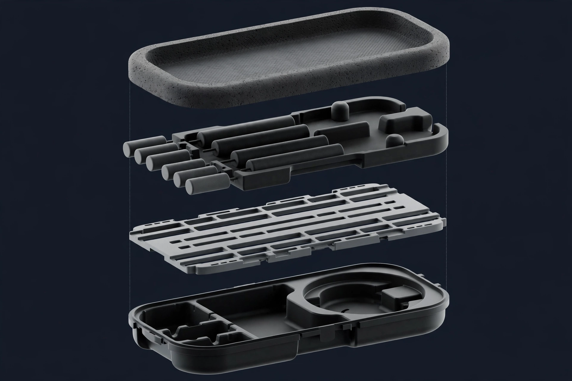 Exploded view of the fishing rod case showing separated layers: EVA top shell, rod cradle tray with tip protectors, guide slot layer, base shell with reel compartment
