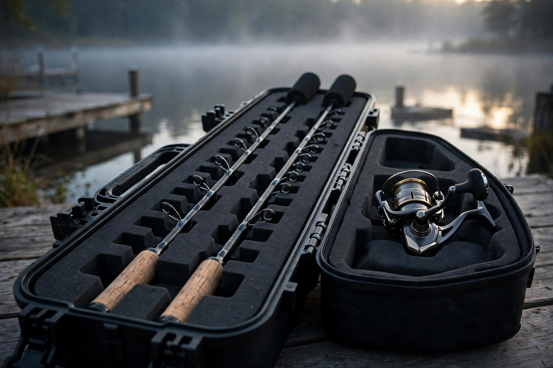 Open molded EVA fishing rod case with two rods in molded slots and a reel in a padded compartment on a lake dock