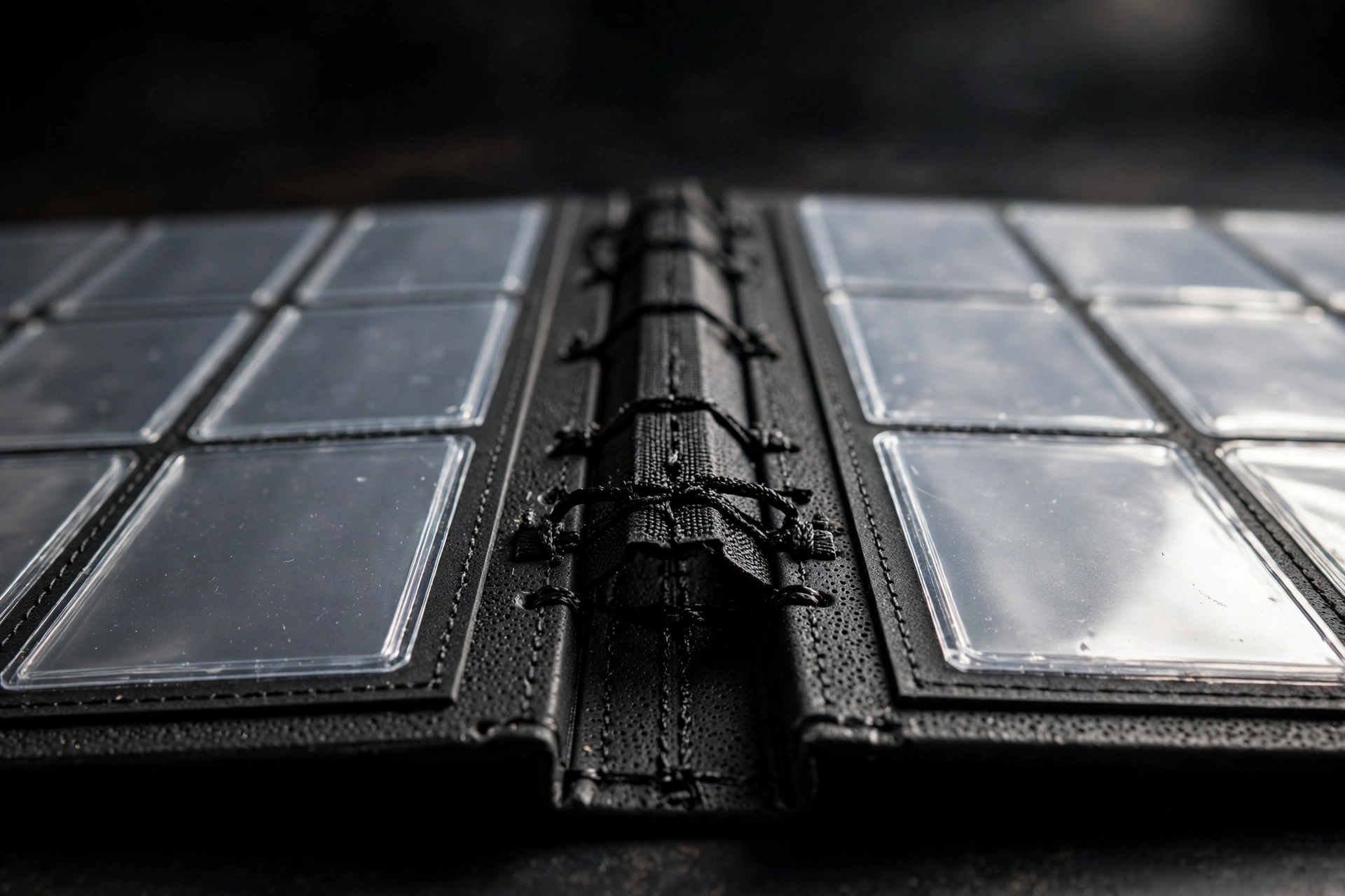 360-degree lay-flat binding on the black EVA trading card album, pages lying perfectly flat