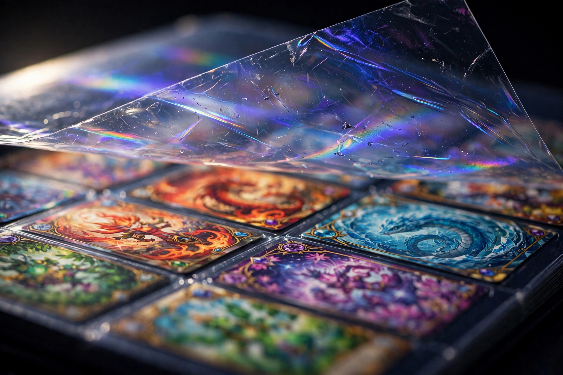 UV-protective transparent window sheet with iridescent sheen over trading cards