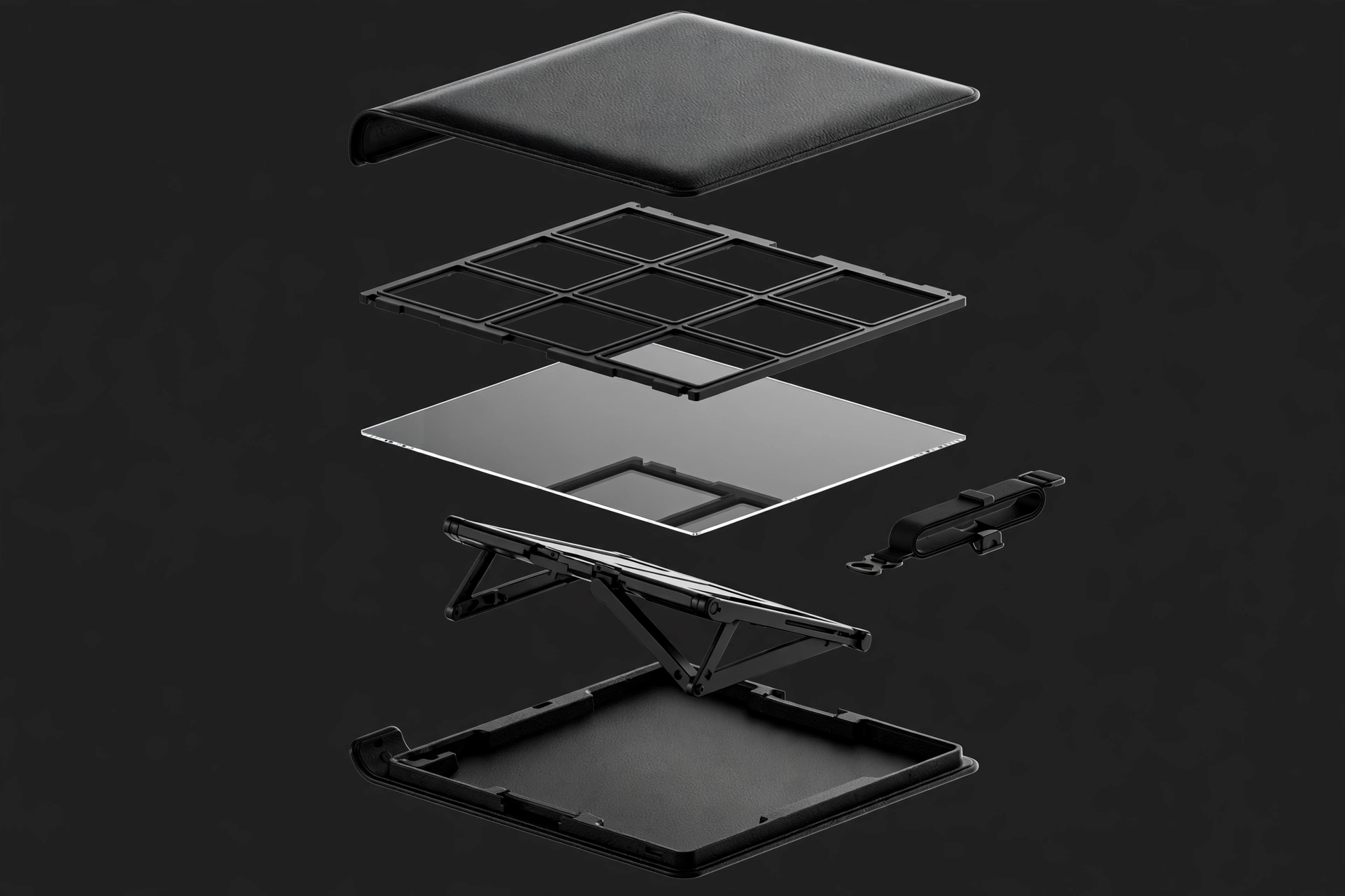 Exploded view of the black EVA trading card album showing separated layers: hard-shell cover, 3x3 magnetic frame page, UV-protective window, easel stand, base shell and elastic strap
