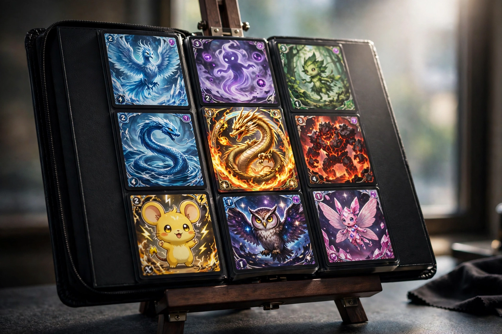 Black EVA hard-shell trading card album on a display easel with magnetic 3x3 card page