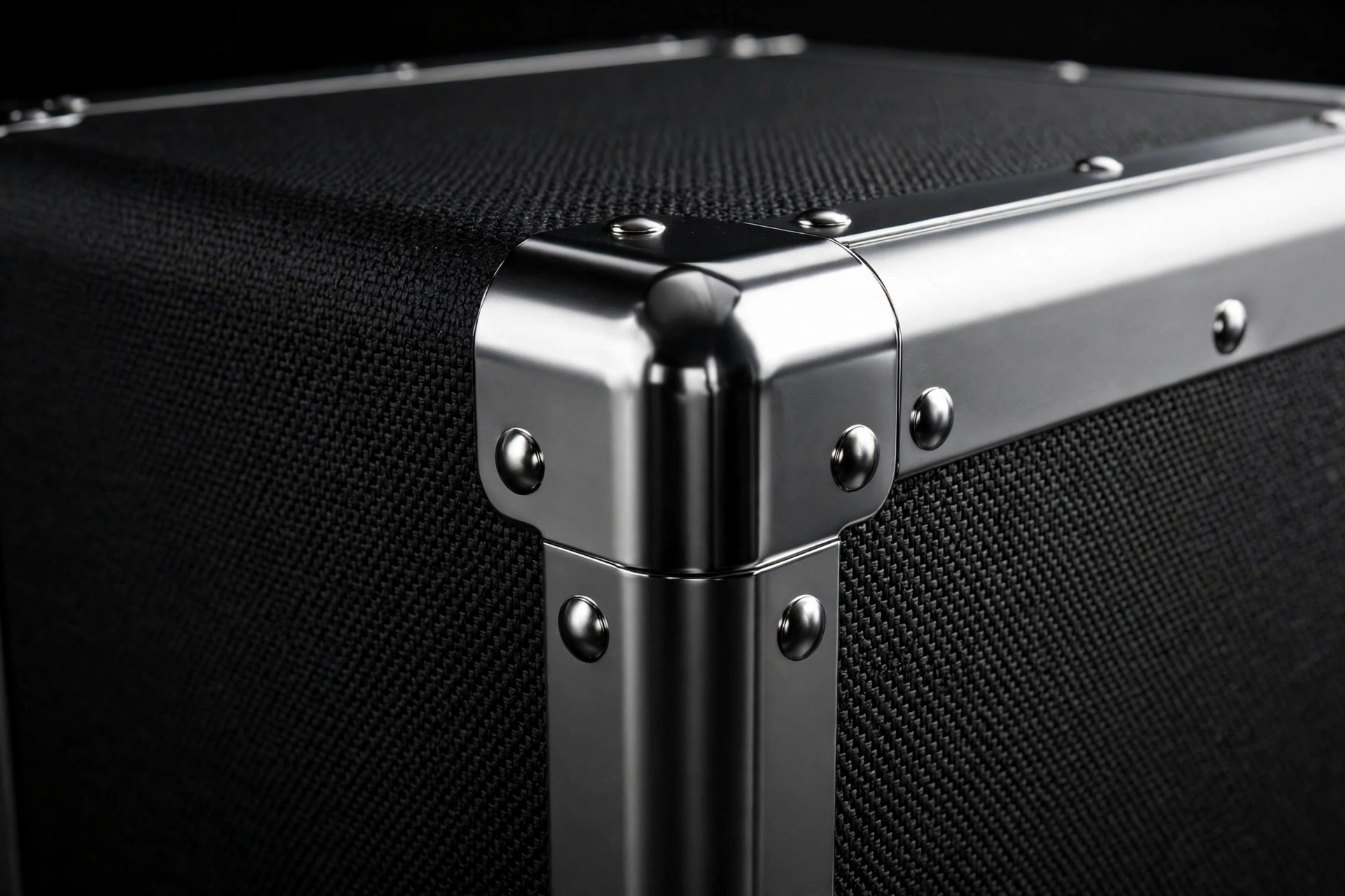 Close-up of metal corner guard on EVA hard-shell tool case