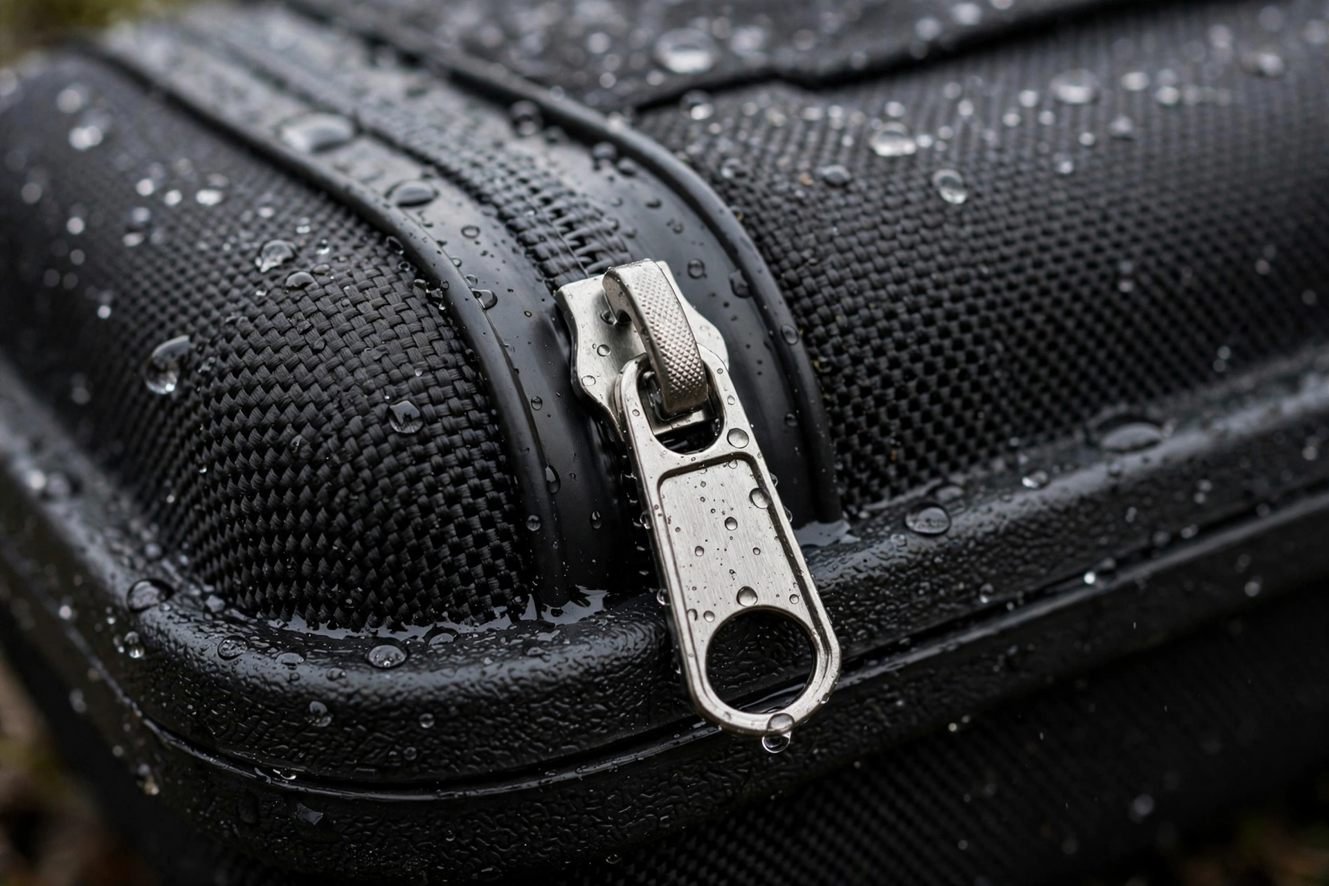 Close-up of water-resistant sealed zipper on ballistic EVA with water droplets beading