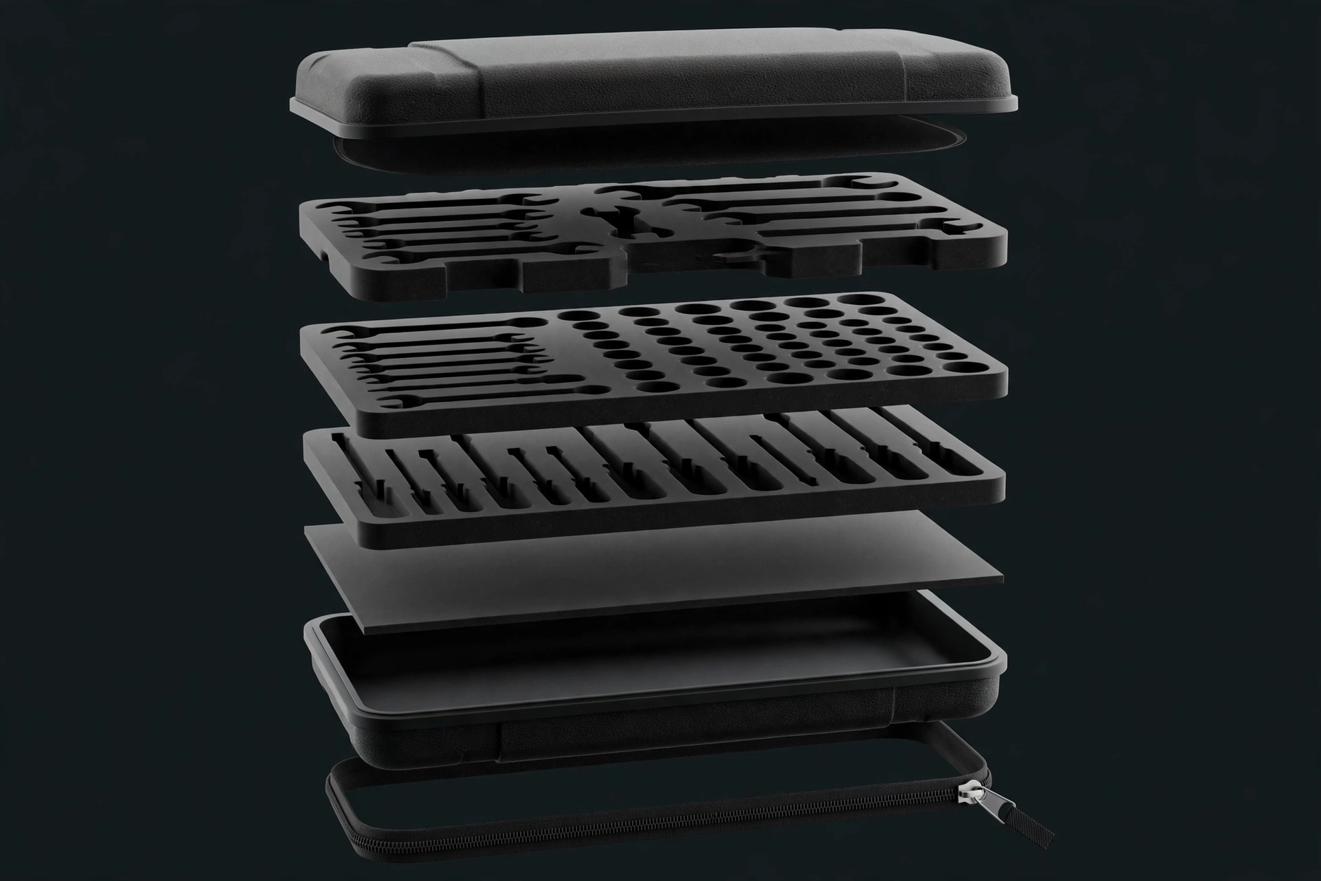 Exploded view of the 72-piece EVA tool case
